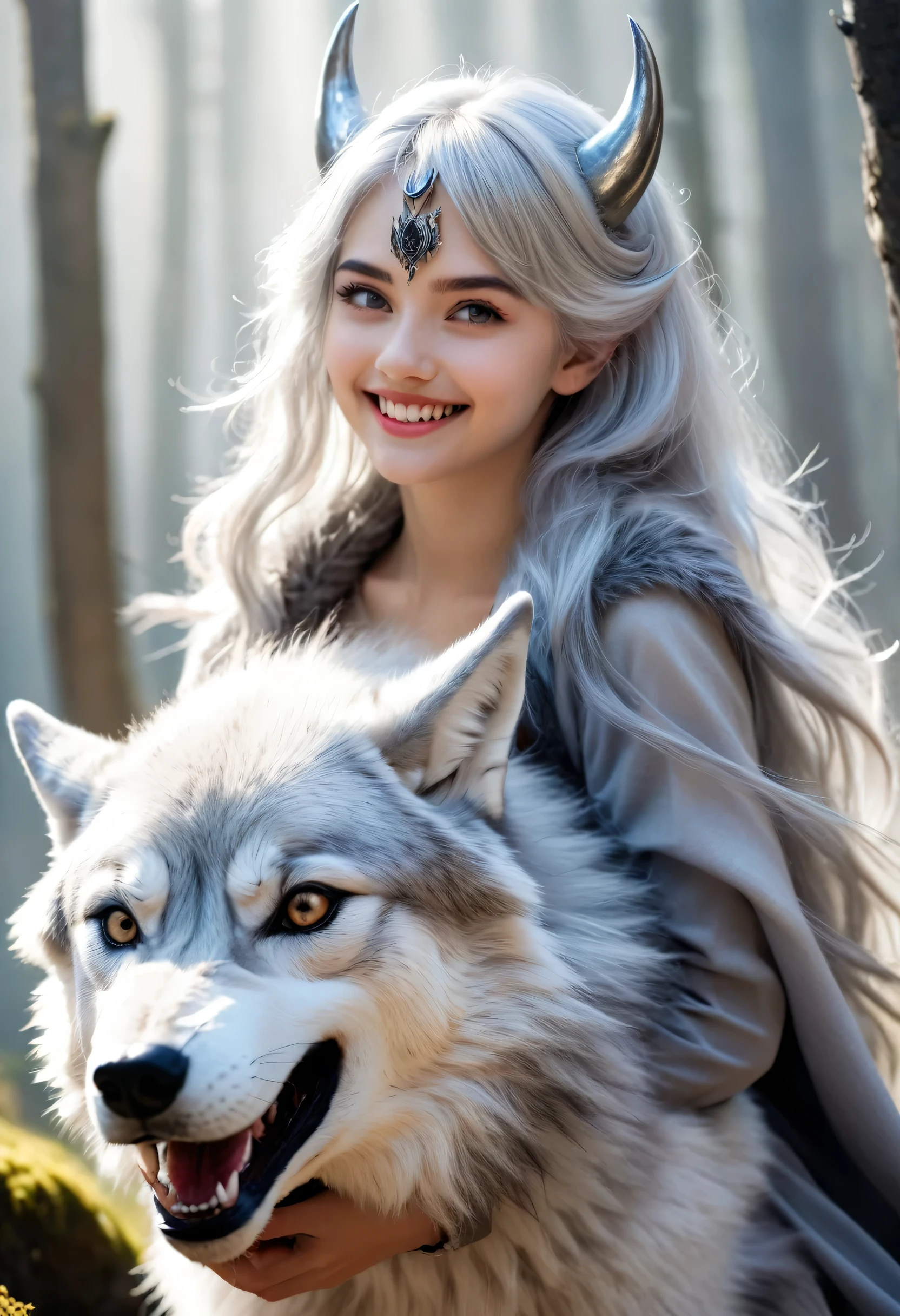 Beautiful 8K Ultra HD professional photos, Sharp focus, In a stunning fantasy world, A cute silver-haired girl,There are real demon horns and a mysterious 1 giant wolf, A joyful smile, In bright natural light