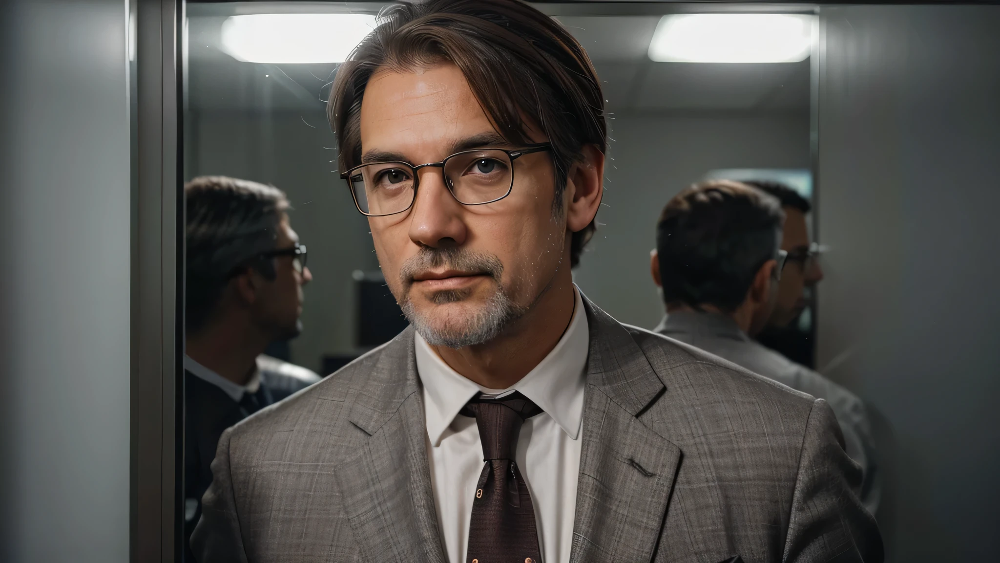 1 adult man, with brown hair, with gray hair, in a gray suit, with a short gray beard, professor at the university, intelligent look, Spectacled, looks straight into the camera, cinematic light, against the backdrop of the office and reflections of the sun's rays