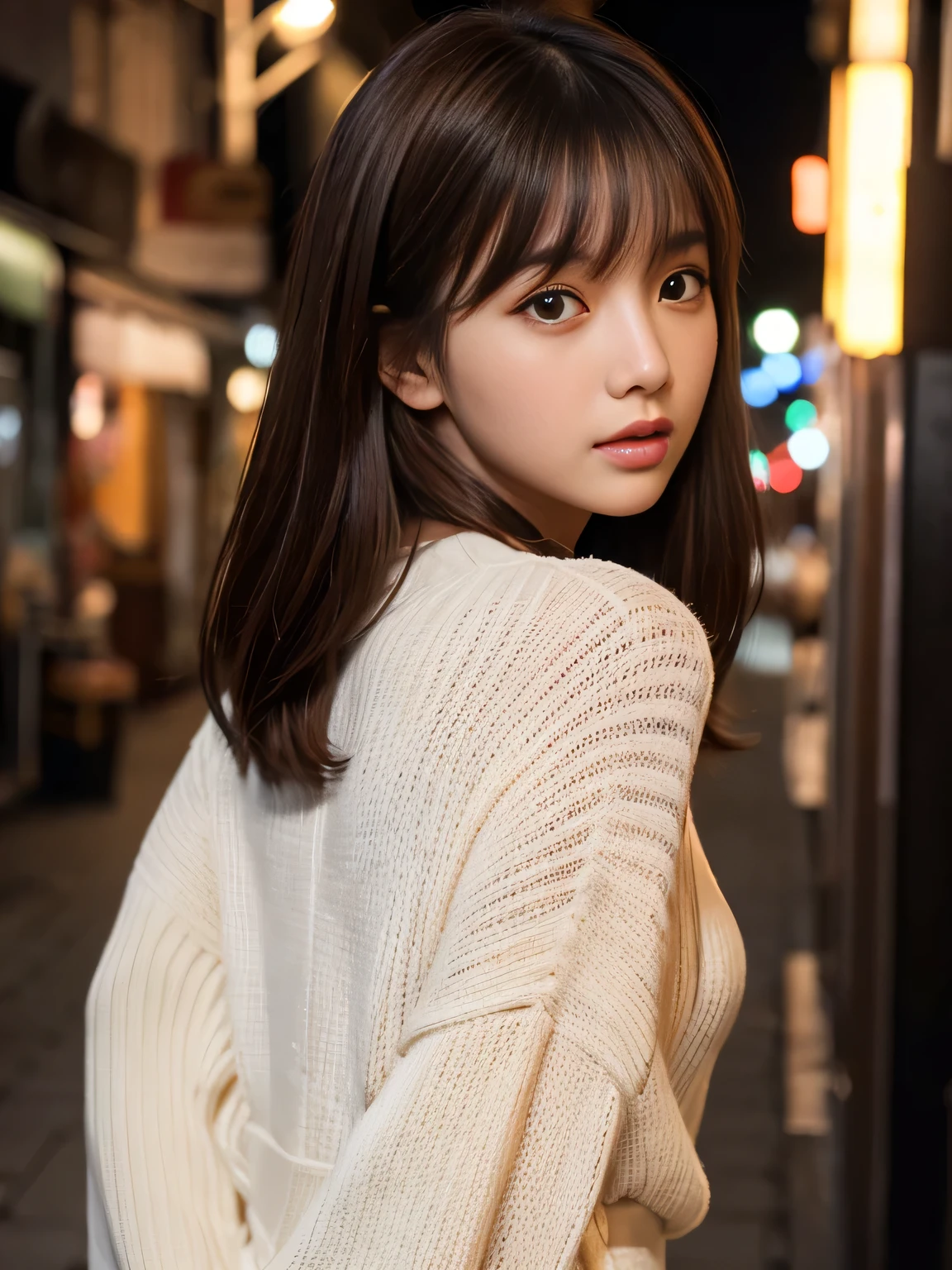 ​masterpiece, 1 beautiful girl, detailed eye, Puffy eyes, top-quality, high resolution, (Realisticity: 1.4), cinematlic lighting, Asian Beauty, Korea idol, Super beauty, Beautiful skin, slender, (A hyper-realistic), (hight resolution), (8K), (ighly detailed), (beautifully detailed eyes), (ultra-detailliert), (wall), detailed face, Bright lighting, profetional lighting, looking at viewert, Facing straight ahead, Black knitwear, oblique bangs, nighttime scene, Brown hair, age19, tall,