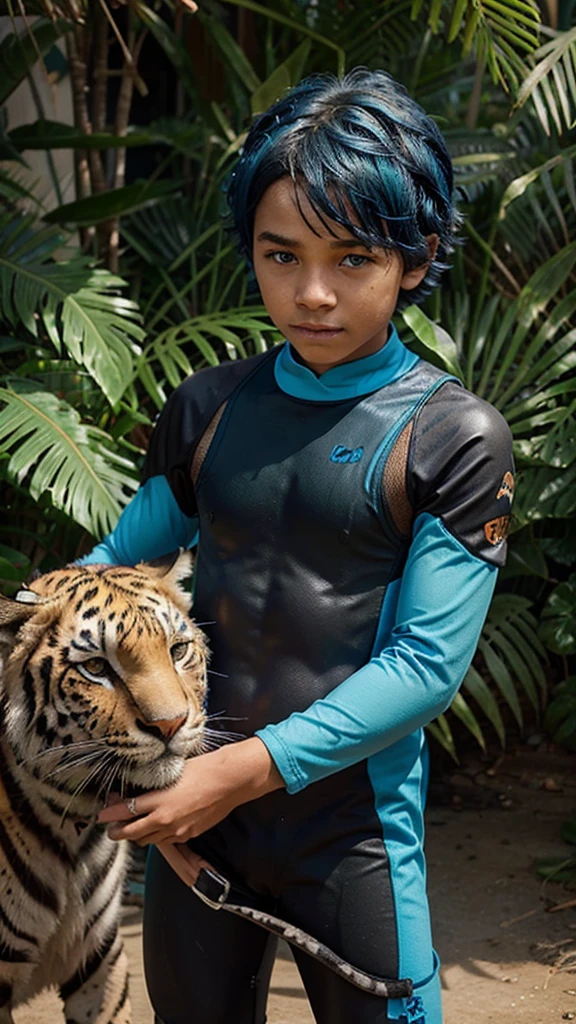 African blue hair and green eyes boy wearing a wetsuit with tigers and cheetah and orca.
