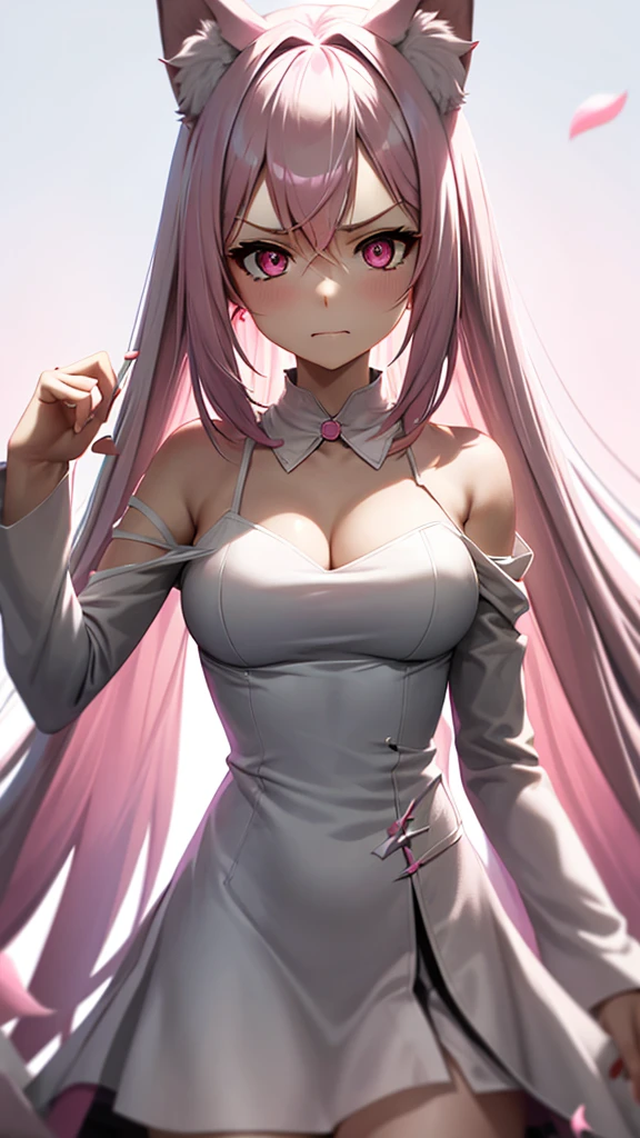An adult woman, half fox, white and pink ears, white and pink hair, pink eyes, little white and black dress, wide breasts, very angry