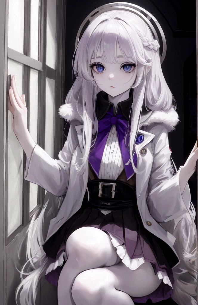 (masterpiece), best quality, expressive eyes, perfect face
Long-haired, silver hair, starry eyes, in shock, Looking at herself in a window, pale skin, thin lips but enough to make them look pink, a somewhat upturned nose, purple short skirt over her knees, revealing her pale legs and thin, but slightly toned, a short-sleeved purple polo shirt, and a pompous white jacket with a fur collar. Blue eyes full of stars and the universe
Surprised face, disbelief,
She is staring at a window with her mouth open in shock while touching her cheek