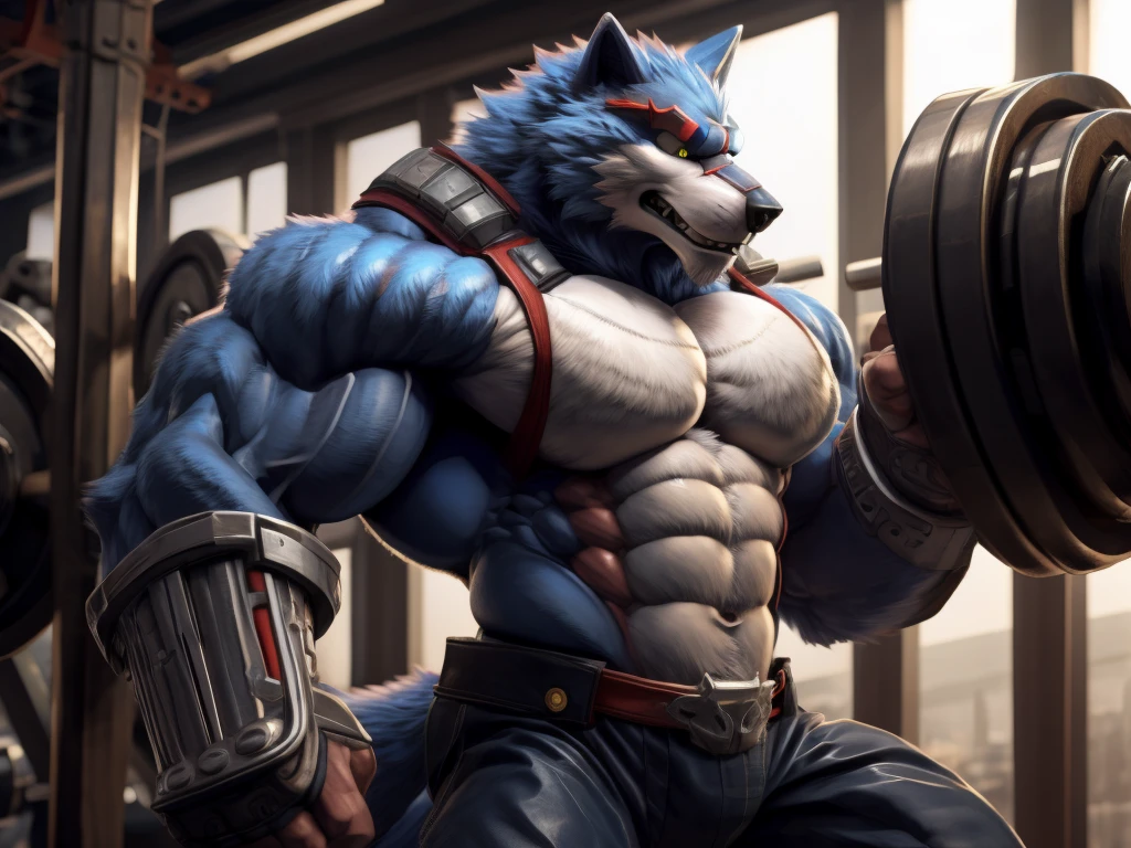 Masterpiece, Ultra Detailed, Official art, Hi-res, High quality, 4K, Perfect anatomy, HD, Best quality,
by Takemoto Arashi, by null-ghost, workout wolf like Arnold Schwarzenegger 