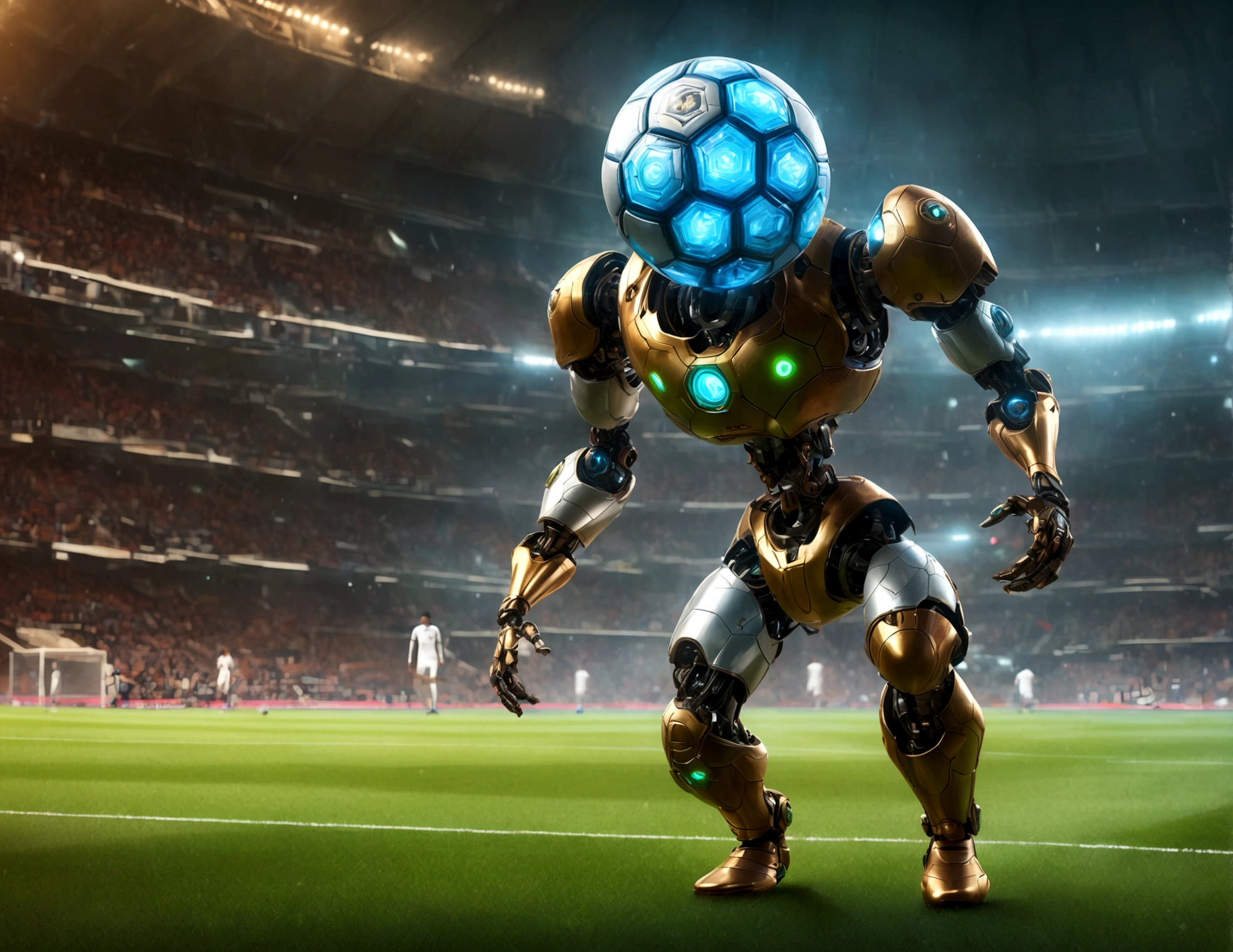 A dapper, mechanical android soccer team, steam vents, lit eyes, playing in a well-lit, packed stadium, teams with different color schemes, only one soccer ball on the field (best quality, 8k, highres, masterpiece:1.2), ultra-detailed, (realistic, photorealistic, photo-realistic:1.37), steam punk, concept art
