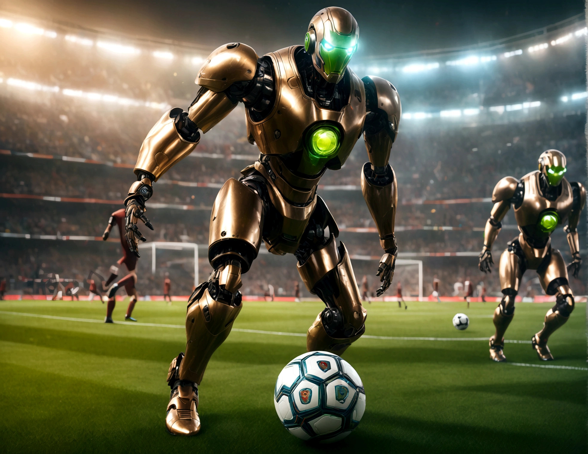 A dapper, mechanical android soccer team, steam vents, lit eyes, playing in a well-lit, packed stadium, teams with different color schemes, only one soccer ball on the field (best quality, 8k, highres, masterpiece:1.2), ultra-detailed, (realistic, photorealistic, photo-realistic:1.37), steam punk, concept art