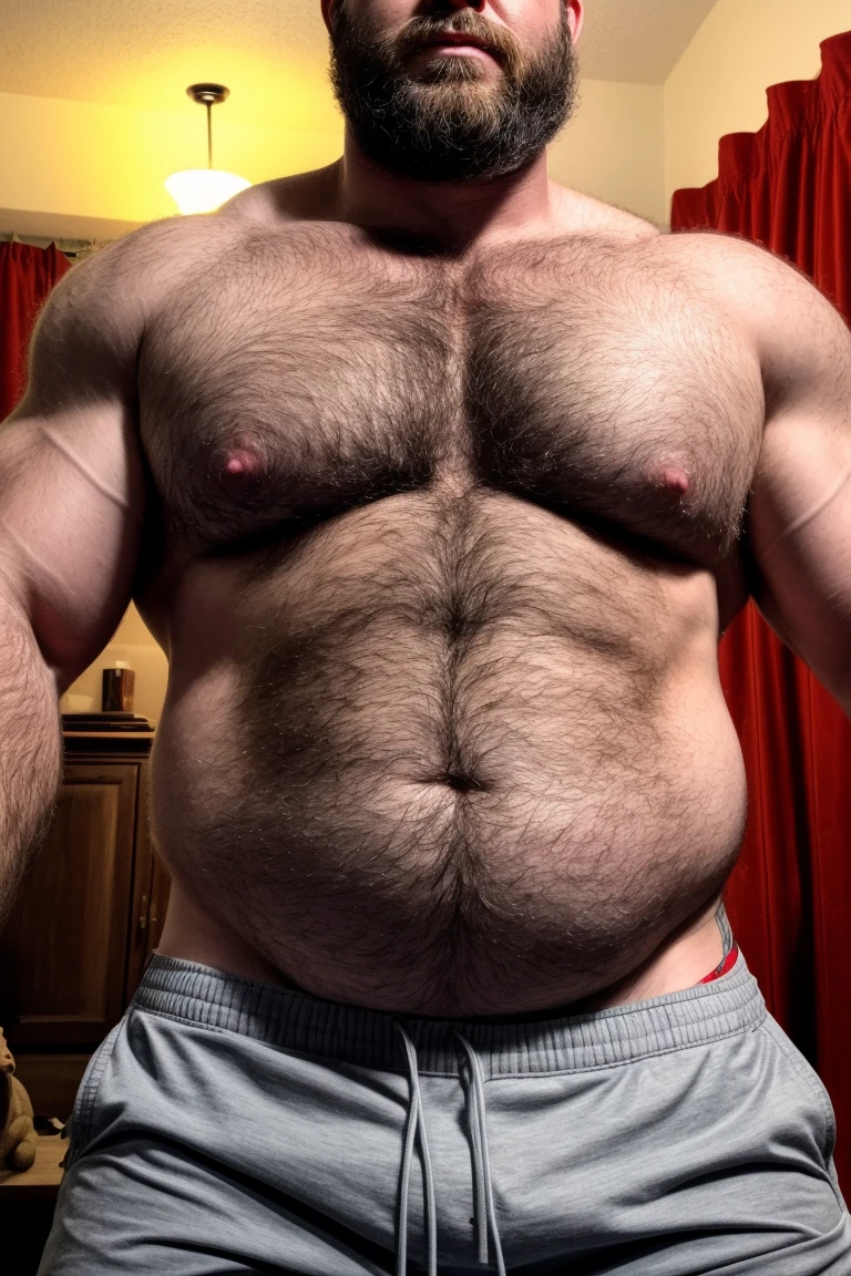 8K HDR Very Realistic Real Very Detailed High Quality 8K HDR Very Realistic 46 year old daddy rugged bodybuilder muscle bears man, 8KHDR very realistic detailed hairy, 8KHDR very realistic beared big daddy muscle bear, and 8KHDR very realistic detailed rugged burly man in shorts. 8KHDR Very Realistic legs, 8KHDR very realistic hair, 8KHDR very realistic beards, 8KHDR very realistic thick chubby fat neck, 8KHDR very realistic neck lines, 8KHDR very realistic detailed neck, 8KHDR very realistic belly, 8KHDR very realistic burly chest, 8KHDR very realistic detailed hairy burly strong chest and arms, 8KHDR very realistic detailed hairy burly strong chest and arms, 8KHDR very realistic pecs, 8KHDR very realistic burly muscle bear body, 8KHDR very realistic nipples, 8KHDR very realistic burly muscle bear body, 8KHDR very realistic face, 8KHDR very realistic detailed face, 8KHDR very realistic eyes, 8KHDR very realistic detailed eyes, 8KHDR very realistic pupils, 8KHDR very realistic detailed pupils, 8KHDR very realistic head, 8KHDR very realistic waist, 8KHDR very realistic facial features, 8KHDR very realistic burly arms, 8KHDR very realistic elbows, 8KHDR very realistic hands, 8KHDR very realistic pecs, 8KHDR very realistic belly, 8KHDR very realistic human man body, 8K HDR very realistic bellybutton, 8KHDR very realistic wrists, 8KHDR very realistic fingers, 8KHDR very realistic fingernails, 8KHDR very realistic shoulders, 8KHDR very realistic mouth, 8KHDR very realistic lips, 8KHDR very realistic mens clothing, 8KHDR very realistic detailed mens clothing. 8KHDR Very Realistic Hairy Bearded Burly Muscle bear Photoshoot, 8KHDR A very realistic burly muscle bear man in a bedroom, 8KHDR Very Realistic Intricately Detailed, 8KHDR very realistic detailed bedroom surroundings, 8KHDR very realistic surroundings lighting, No Deformities, captured with a 85mm lens, 8K HDR Very Realistic, 8K HDR Clear HDR Quality full with very realistic real details
