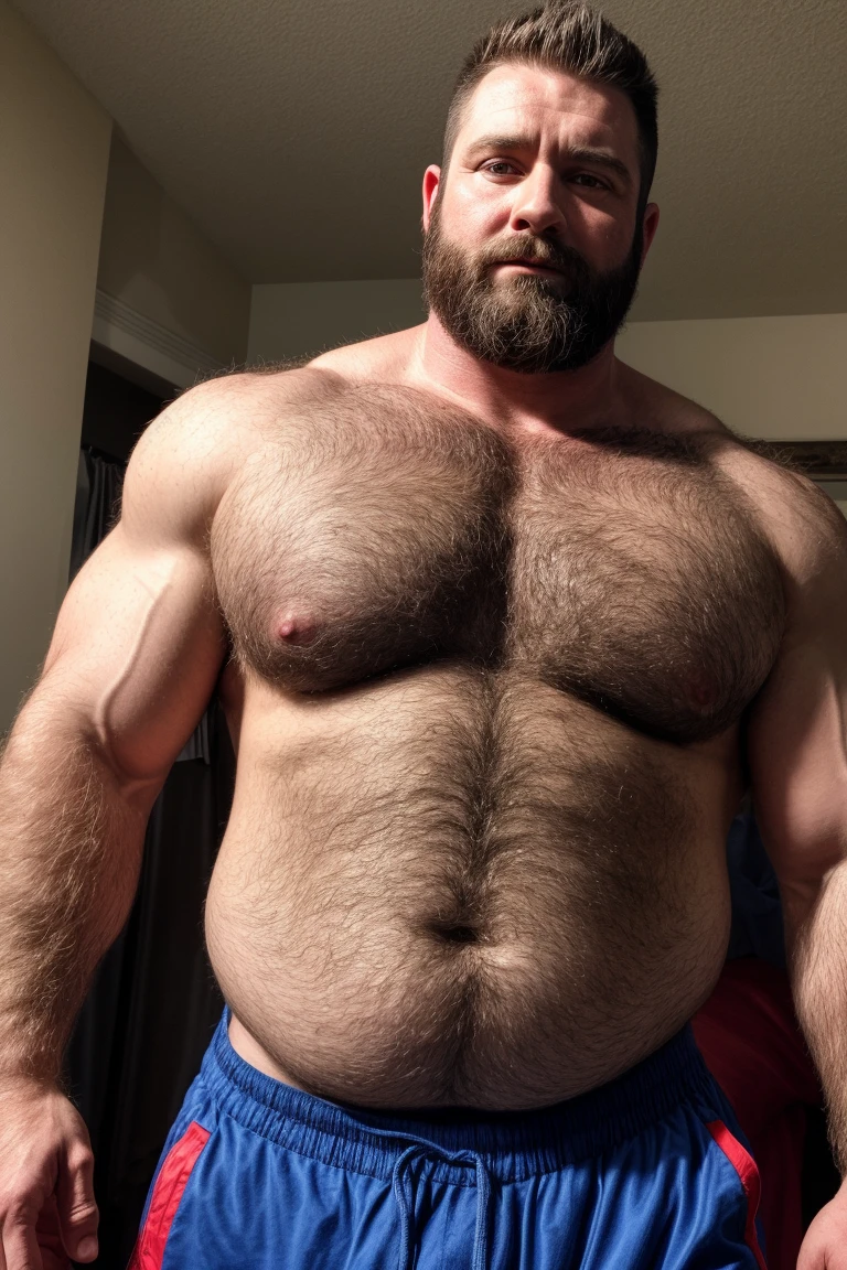 8K HDR Very Realistic Real Very Detailed High Quality 8K HDR Very Realistic 46 year old daddy rugged bodybuilder muscle bears man, 8KHDR very realistic detailed hairy, 8KHDR very realistic beared big daddy muscle bear, and 8KHDR very realistic detailed rugged burly man in shorts. 8KHDR Very Realistic legs, 8KHDR very realistic hair, 8KHDR very realistic beards, 8KHDR very realistic thick chubby fat neck, 8KHDR very realistic neck lines, 8KHDR very realistic detailed neck, 8KHDR very realistic belly, 8KHDR very realistic burly chest, 8KHDR very realistic detailed hairy burly strong chest and arms, 8KHDR very realistic detailed hairy burly strong chest and arms, 8KHDR very realistic pecs, 8KHDR very realistic burly muscle bear body, 8KHDR very realistic nipples, 8KHDR very realistic burly muscle bear body, 8KHDR very realistic face, 8KHDR very realistic detailed face, 8KHDR very realistic eyes, 8KHDR very realistic detailed eyes, 8KHDR very realistic pupils, 8KHDR very realistic detailed pupils, 8KHDR very realistic head, 8KHDR very realistic waist, 8KHDR very realistic facial features, 8KHDR very realistic burly arms, 8KHDR very realistic elbows, 8KHDR very realistic hands, 8KHDR very realistic pecs, 8KHDR very realistic belly, 8KHDR very realistic human man body, 8K HDR very realistic bellybutton, 8KHDR very realistic wrists, 8KHDR very realistic fingers, 8KHDR very realistic fingernails, 8KHDR very realistic shoulders, 8KHDR very realistic mouth, 8KHDR very realistic lips, 8KHDR very realistic mens clothing, 8KHDR very realistic detailed mens clothing. 8KHDR Very Realistic Hairy Bearded Burly Muscle bear Photoshoot, 8KHDR A very realistic burly muscle bear man in a bedroom, 8KHDR Very Realistic Intricately Detailed, 8KHDR very realistic detailed bedroom surroundings, 8KHDR very realistic surroundings lighting, No Deformities, captured with a 85mm lens, 8K HDR Very Realistic, 8K HDR Clear HDR Quality full with very realistic real details