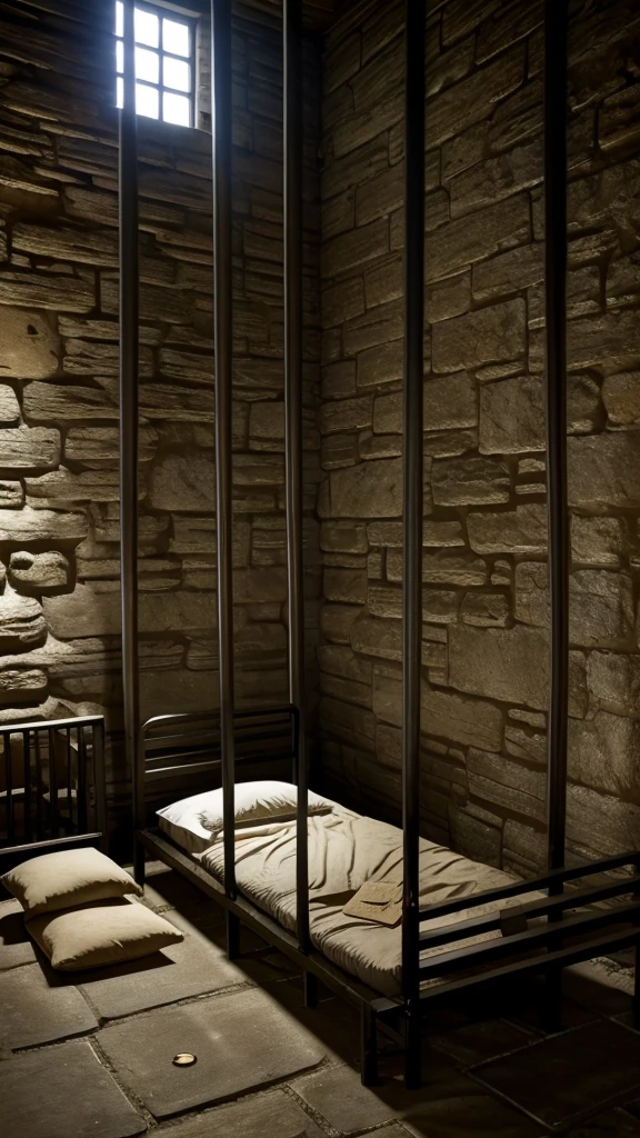 score_9, score_8_up, score_7_up, score_6_up, score_5_up, score_4_up, source_anime.
show, prison, Middle Ages, Bed, dirty, Bed, Stone walls, no people, shackles, hang on the wall. Shackles