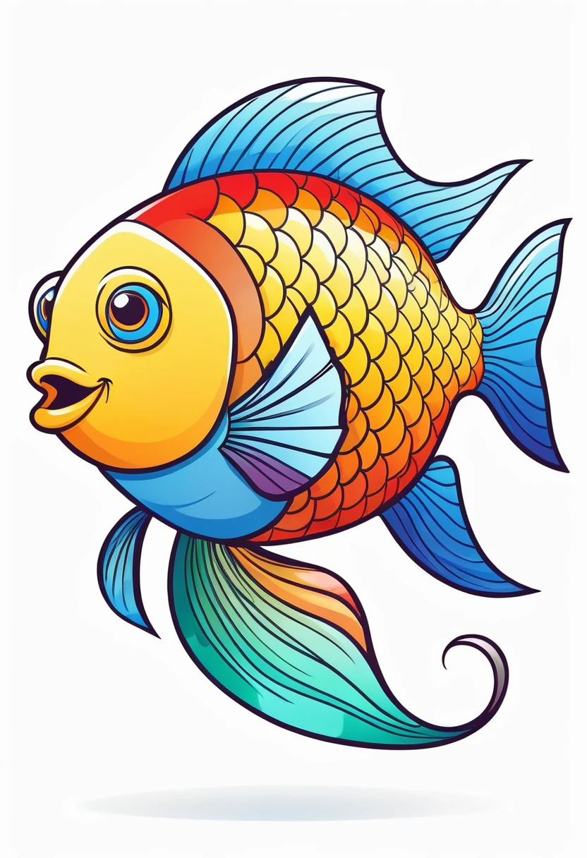 happy multicolored fish, Cartoon style, outline, vector, white background