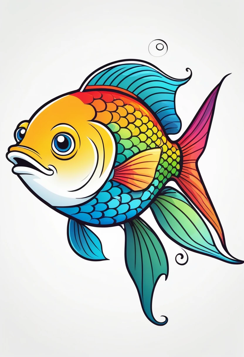 happy multicolored fish, Cartoon style, outline, vector, white background