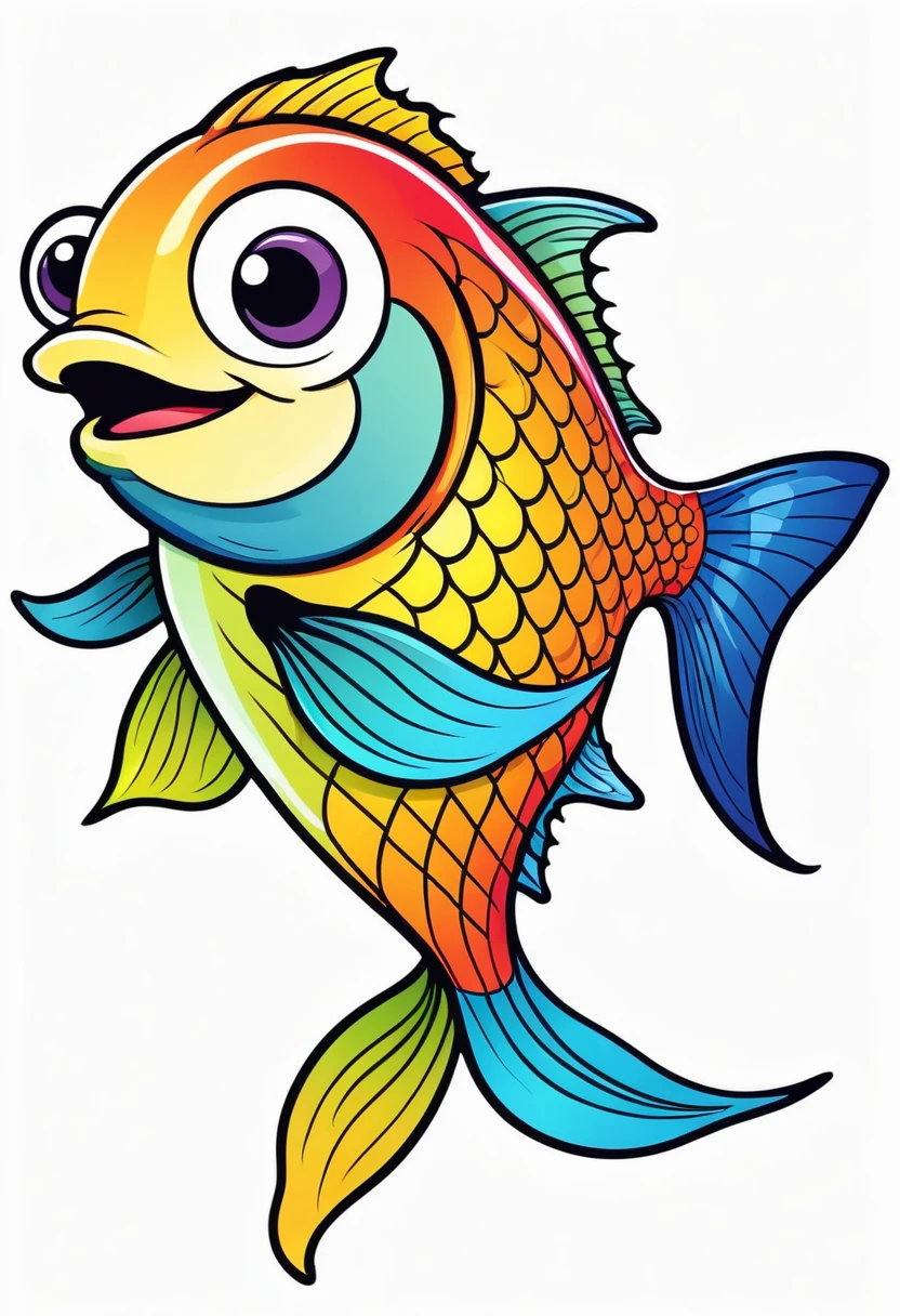 happy multicolored fish, Cartoon style, outline, vector, white background