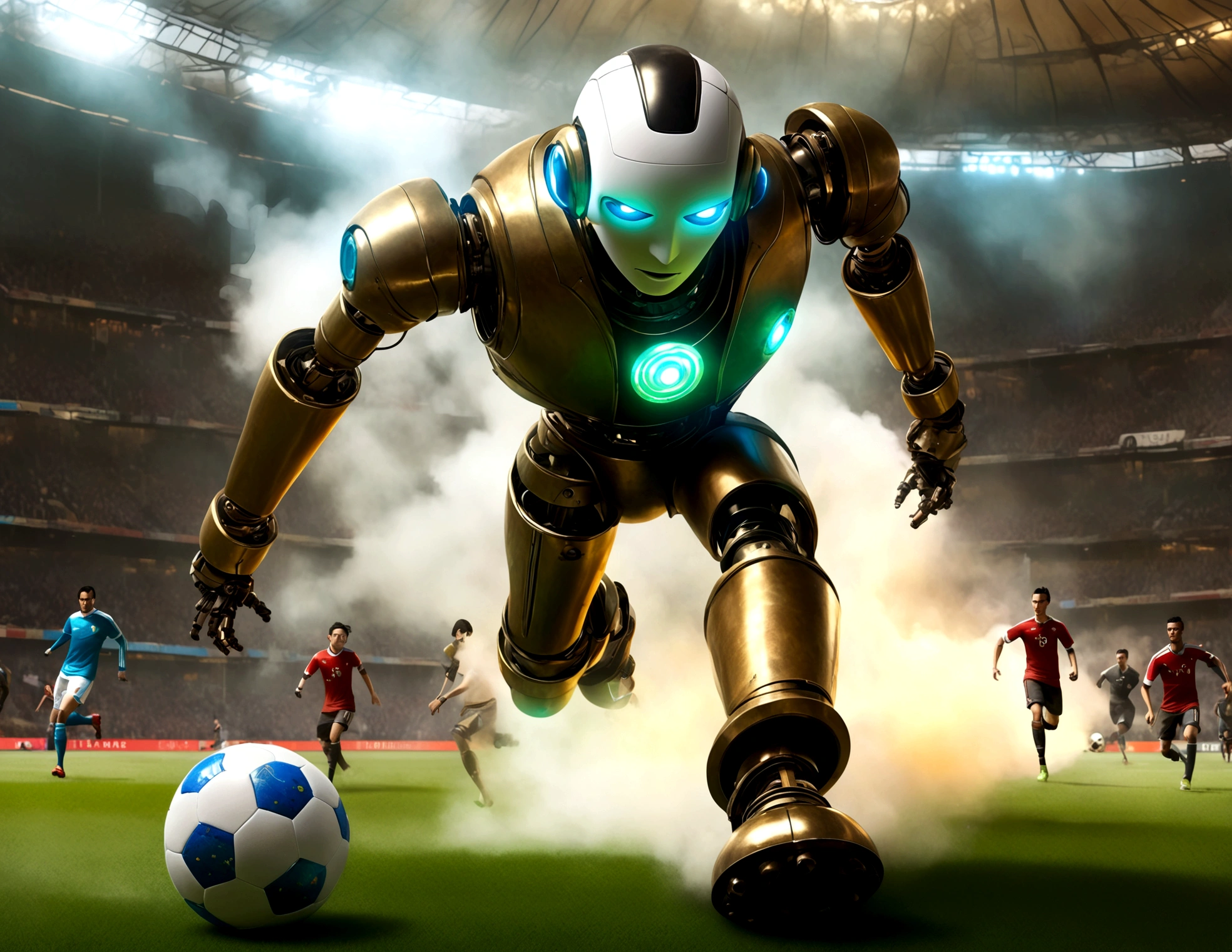 Android soccer, steam punk, (dapper tuxedo themed androids, obviously mechanical, steam vents, lit eyes) play soccer in a well lit packed stadium, teams have different color schemes
