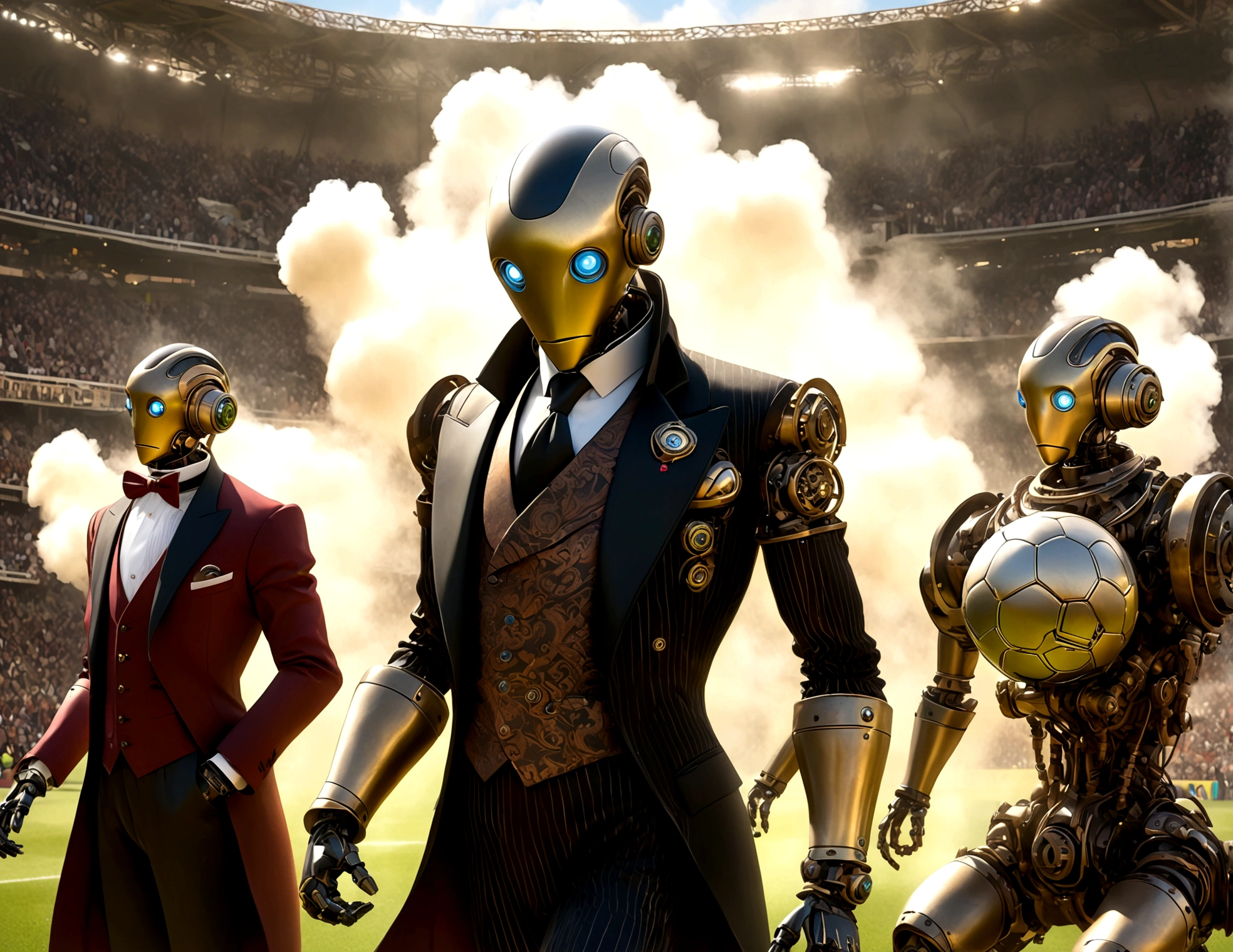 Android soccer, steam punk, (dapper tuxedo themed androids, obviously mechanical, steam vents, lit eyes) play soccer in a well lit packed stadium, teams have different color schemes