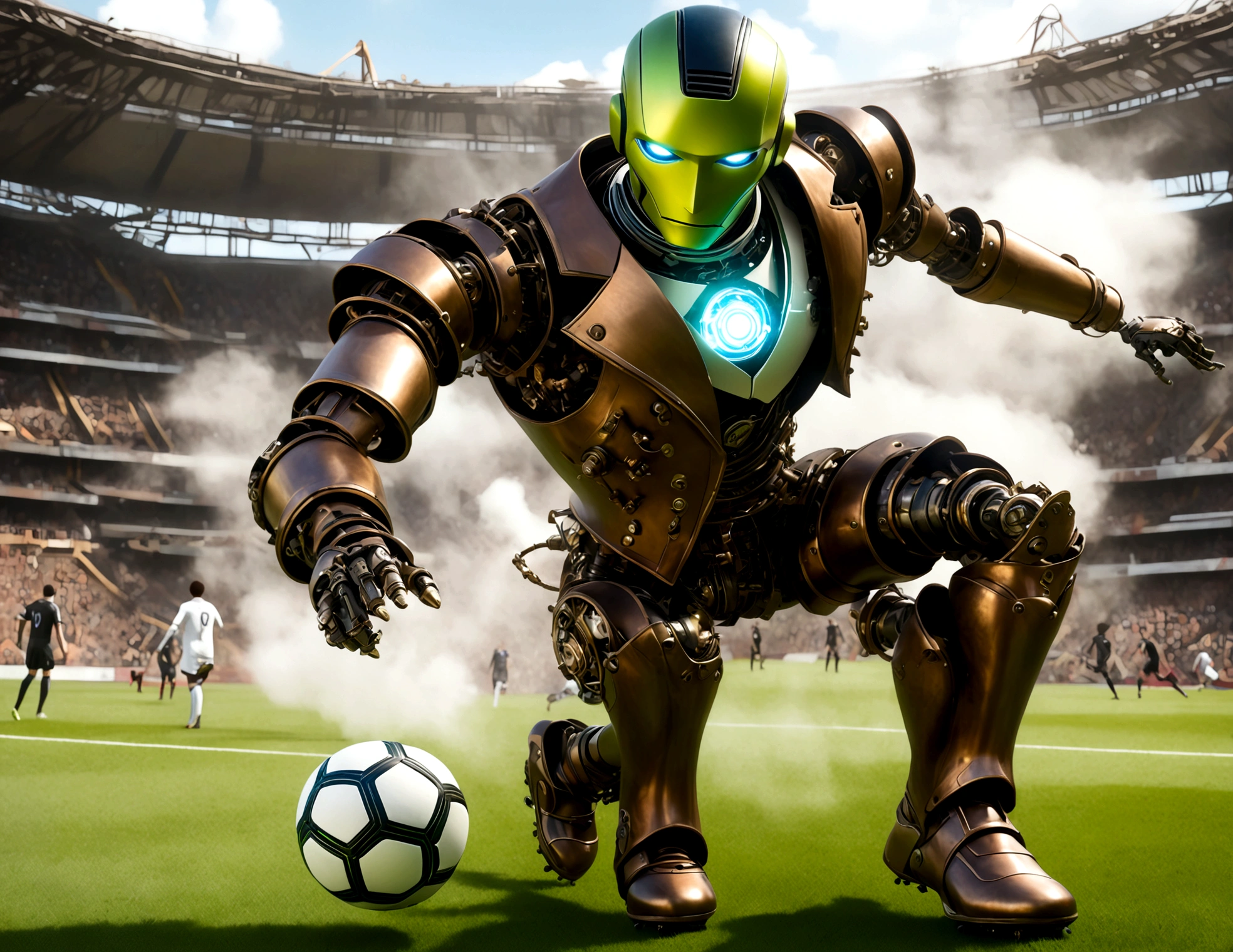 Android soccer, steam punk, (dapper tuxedo themed androids, obviously mechanical, steam vents, lit eyes) play soccer in a well lit packed stadium, teams have different color schemes