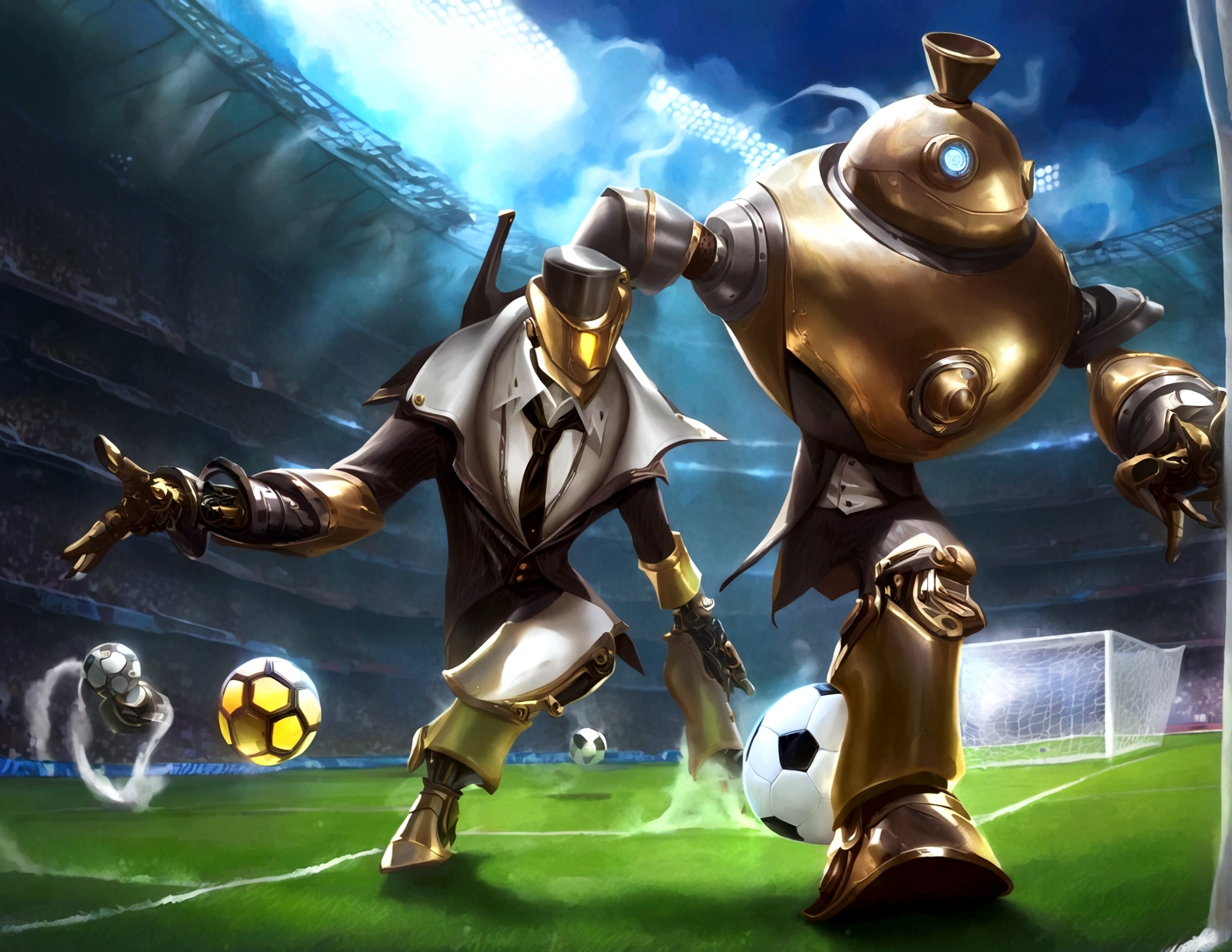 Android soccer, steam punk, (dapper tuxedo themed androids, obviously mechanical, steam vents, lit eyes) play soccer in a well lit packed stadium, teams have different color schemes