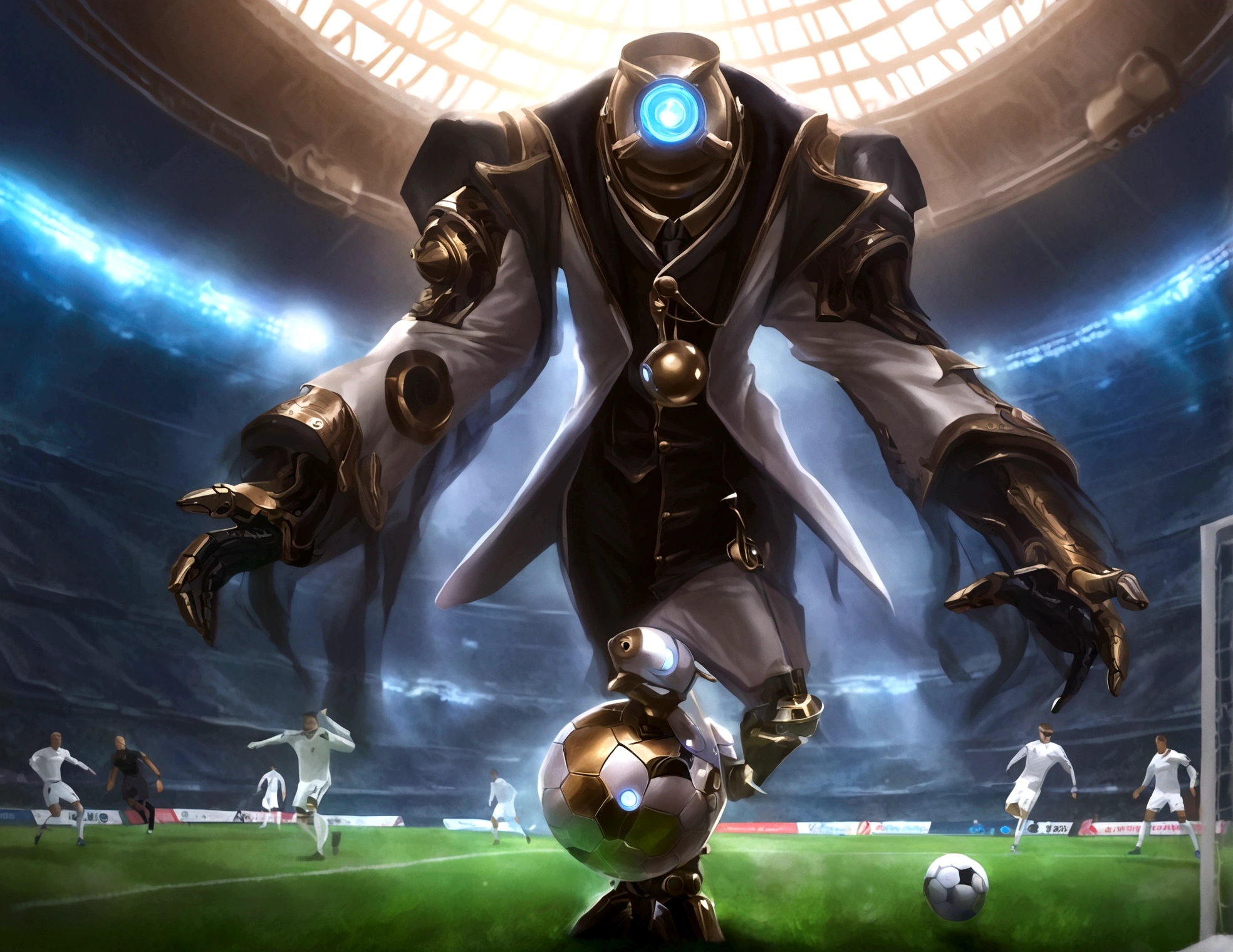 Android soccer, steam punk, (dapper tuxedo themed androids, obviously mechanical, steam vents, lit eyes) play soccer in a well lit packed stadium, teams have different color schemes