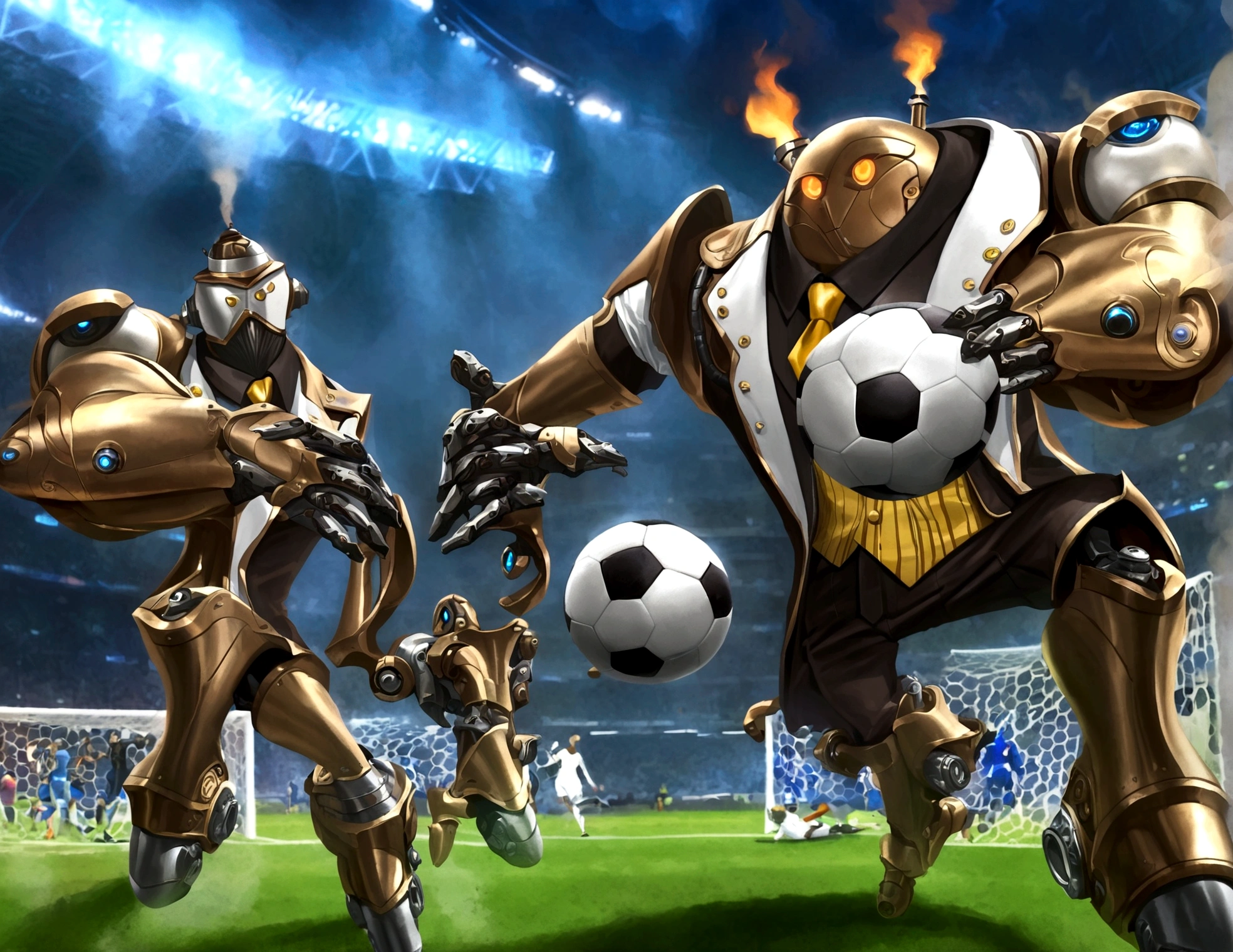 Android soccer, steam punk, (dapper tuxedo themed androids, obviously mechanical, steam vents, lit eyes) play soccer in a well lit packed stadium, teams have different color schemes