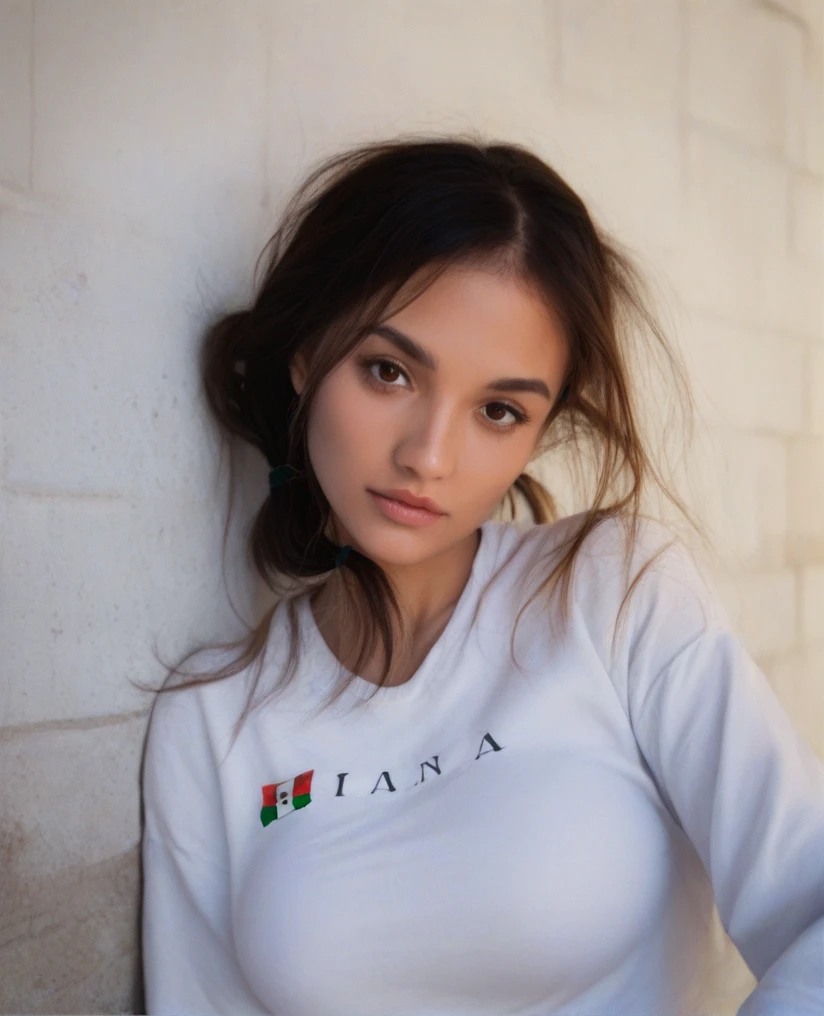 score_9, score_8_up, score_7_up, BREAK, (outdoor, summer day:1.2), head tilt back, leaning against wall, leg bend, cute, round face, long black twintail hair, alternative vibe, 25 year old, (Italian female:1.3), medium olive skin, high cheekbones, stunning brown eyes, extra large breasts, subtle cleavage, (cozy lounge), oversized white crop top, mini skirt, dynamic angle, vibrant lighting, high contrast, dramatic shadows, highly detailed, detailed skin, depth of field, film grain,