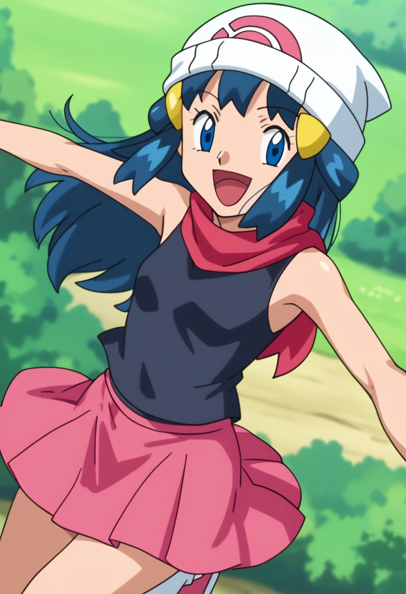 score_9, score_8_up, score_7_up, source anime, anime, animification, anime screencap, anime coloring, vivid colors, shiny skin, skindentation, deep skin, depth of field, high quality, highres, (dynamic angle,dynamic pose), dawncheerxl, 1girl, solo, long hair, looking at viewer, smile, open mouth, blue eyes,beanie, black sleeveless shirt, pink scarf, pink skirt, pink boots,outdoors, hair ornament, sky, holding, blue hair, :d, sidelocks, tongue, socks, hairclip, eyelashes , dawn \(pokemon\) BREAK masterpiece,high quality