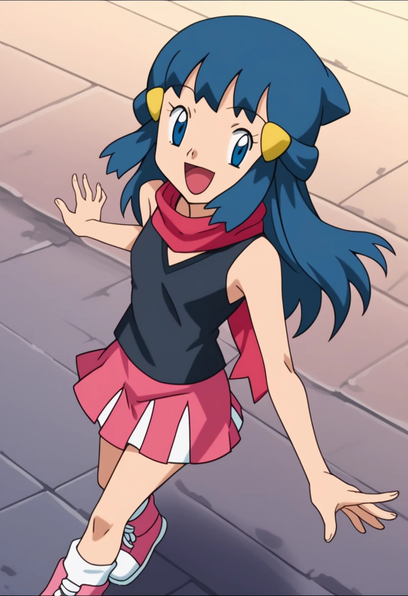 score_9, score_8_up, score_7_up, source anime, anime, animification, anime screencap, anime coloring, vivid colors, shiny skin, skindentation, deep skin, depth of field, high quality, highres, (dynamic angle,dynamic pose), dawncheerxl, 1girl, solo, long hair, looking at viewer, smile, open mouth, blue eyes,beanie, black sleeveless shirt, pink scarf, pink skirt, pink boots,outdoors, hair ornament, sky, holding, blue hair, :d, sidelocks, tongue, socks, hairclip, eyelashes , dawn \(pokemon\) BREAK masterpiece,high quality