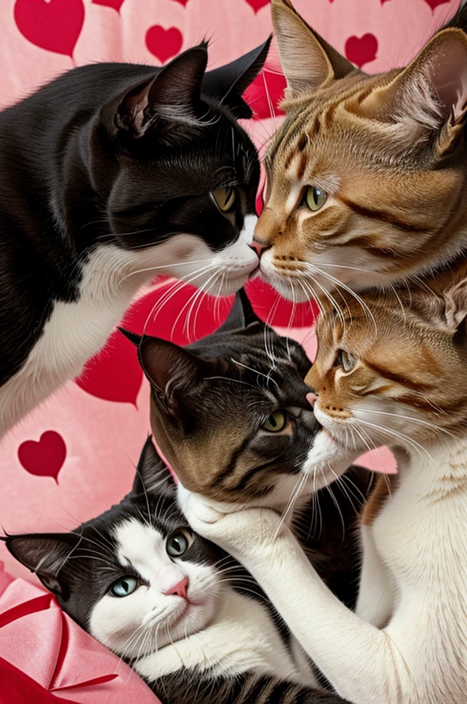 Two cats lips touching. Kissing. Two cats in love. Romantic. Hearts in backround.