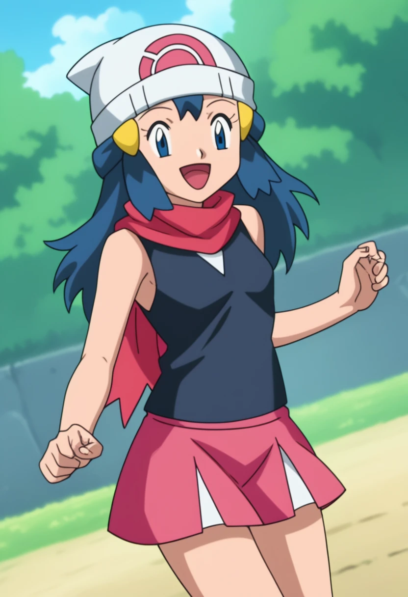 score_9, score_8_up, score_7_up, source anime, anime, animification, anime screencap, anime coloring, vivid colors, shiny skin, skindentation, deep skin, depth of field, high quality, highres, (dynamic angle,dynamic pose), dawncheerxl, 1girl, solo, long hair, looking at viewer, smile, open mouth, blue eyes,beanie, black sleeveless shirt, pink scarf, pink skirt, pink boots,outdoors, hair ornament, sky, holding, blue hair, :d, sidelocks, tongue, socks, hairclip, eyelashes , dawn \(pokemon\) BREAK masterpiece,high quality