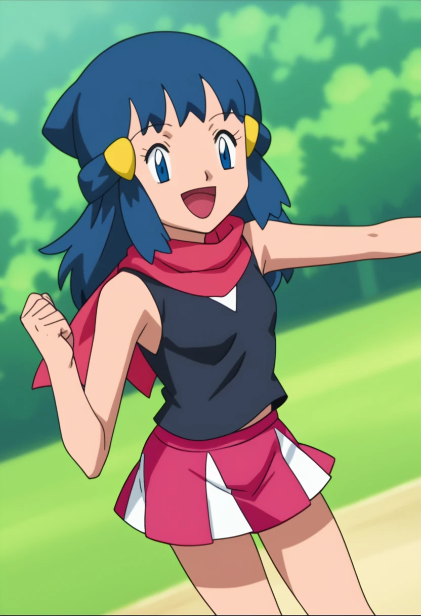 score_9, score_8_up, score_7_up, source anime, anime, animification, anime screencap, anime coloring, vivid colors, shiny skin, skindentation, deep skin, depth of field, high quality, highres, (dynamic angle,dynamic pose), dawncheerxl, 1girl, solo, long hair, looking at viewer, smile, open mouth, blue eyes,beanie, black sleeveless shirt, pink scarf, pink skirt, pink boots,outdoors, hair ornament, sky, holding, blue hair, :d, sidelocks, tongue, socks, hairclip, eyelashes , dawn \(pokemon\) BREAK masterpiece,high quality