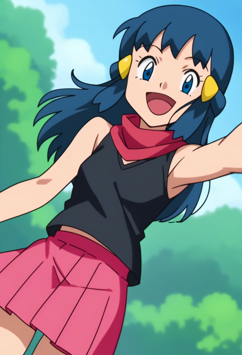 score_9, score_8_up, score_7_up, source anime, anime, animification, anime screencap, anime coloring, vivid colors, shiny skin, skindentation, deep skin, depth of field, high quality, highres, (dynamic angle,dynamic pose), dawncheerxl, 1girl, solo, long hair, looking at viewer, smile, open mouth, blue eyes,beanie, black sleeveless shirt, pink scarf, pink skirt, pink boots,outdoors, hair ornament, sky, holding, blue hair, :d, sidelocks, tongue, socks, hairclip, eyelashes , dawn \(pokemon\) BREAK masterpiece,high quality