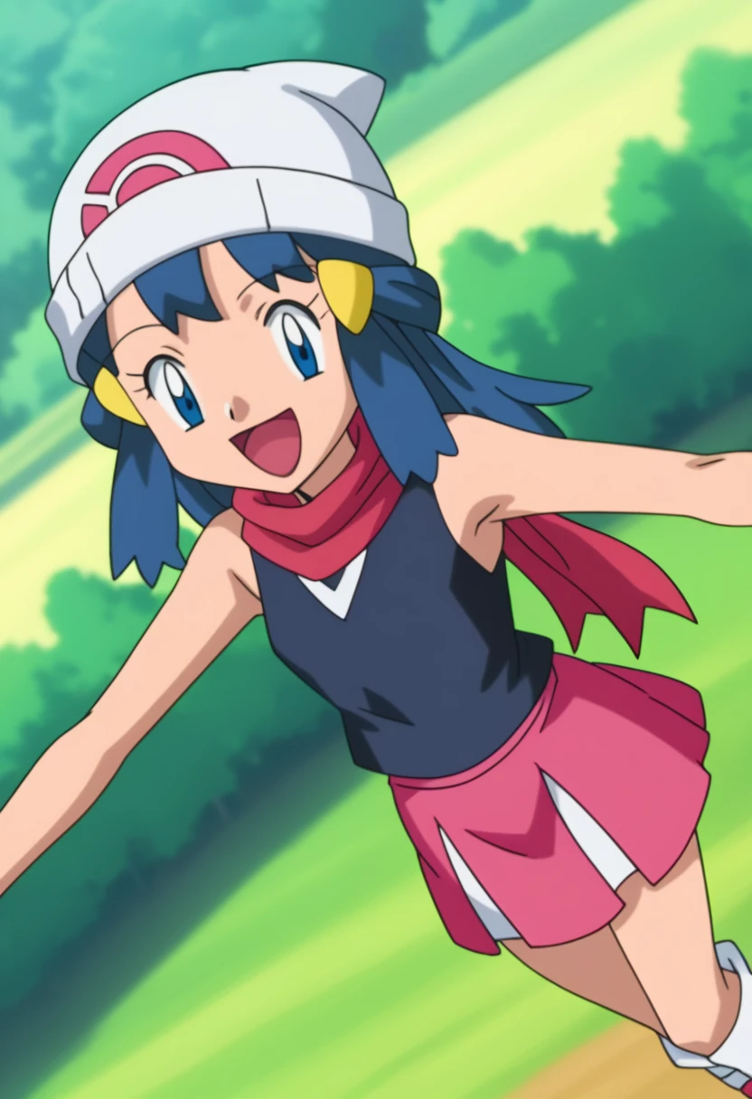 score_9, score_8_up, score_7_up, source anime, anime, animification, anime screencap, anime coloring, vivid colors, shiny skin, skindentation, deep skin, depth of field, high quality, highres, (dynamic angle,dynamic pose), dawncheerxl, 1girl, solo, long hair, looking at viewer, smile, open mouth, blue eyes,beanie, black sleeveless shirt, pink scarf, pink skirt, pink boots,outdoors, hair ornament, sky, holding, blue hair, :d, sidelocks, tongue, socks, hairclip, eyelashes , dawn \(pokemon\) BREAK masterpiece,high quality