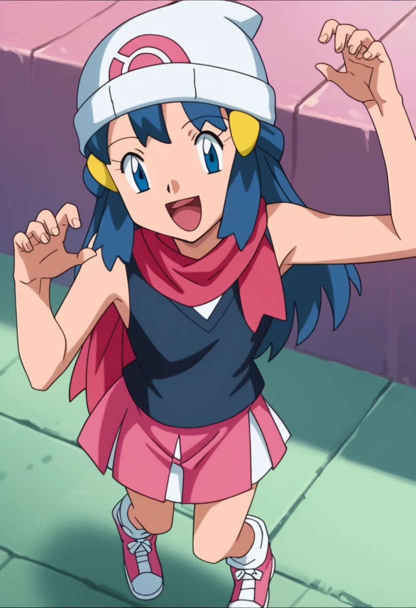 score_9, score_8_up, score_7_up, source anime, anime, animification, anime screencap, anime coloring, vivid colors, shiny skin, skindentation, deep skin, depth of field, high quality, highres, (dynamic angle,dynamic pose), dawncheerxl, 1girl, solo, long hair, looking at viewer, smile, open mouth, blue eyes,beanie, black sleeveless shirt, pink scarf, pink skirt, pink boots,outdoors, hair ornament, sky, holding, blue hair, :d, sidelocks, tongue, socks, hairclip, eyelashes , dawn \(pokemon\) BREAK masterpiece,high quality