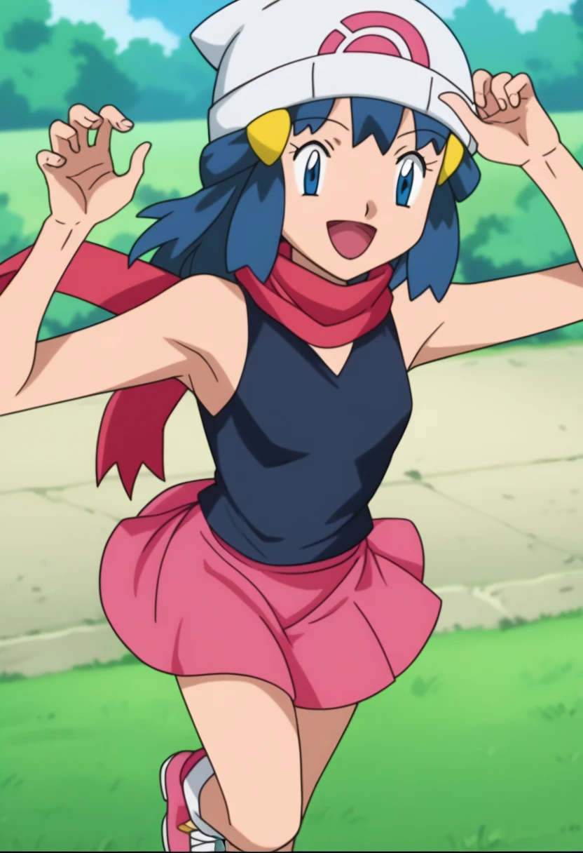 score_9, score_8_up, score_7_up, source anime, anime, animification, anime screencap, anime coloring, vivid colors, shiny skin, skindentation, deep skin, depth of field, high quality, highres, (dynamic angle,dynamic pose), dawncheerxl, 1girl, solo, long hair, looking at viewer, smile, open mouth, blue eyes,beanie, black sleeveless shirt, pink scarf, pink skirt, pink boots,outdoors, hair ornament, sky, holding, blue hair, :d, sidelocks, tongue, socks, hairclip, eyelashes , dawn \(pokemon\) BREAK masterpiece,high quality