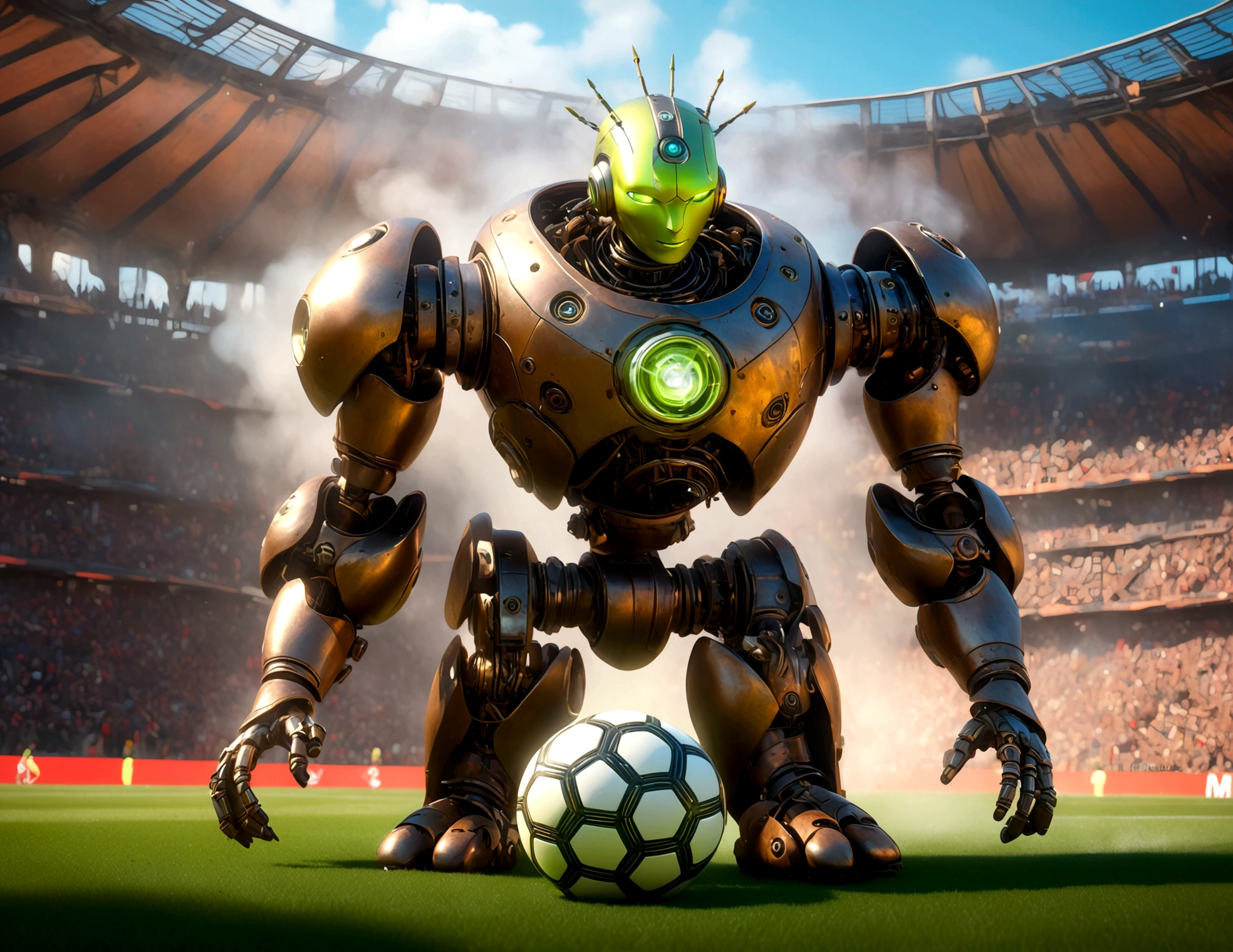 A dapper, mechanical android soccer team, steam vents, lit eyes, playing in a well-lit, packed stadium, teams with different color schemes, only one soccer ball on the field (best quality, 8k, highres, masterpiece:1.2), ultra-detailed, (realistic, photorealistic, photo-realistic:1.37), steam punk, concept art
