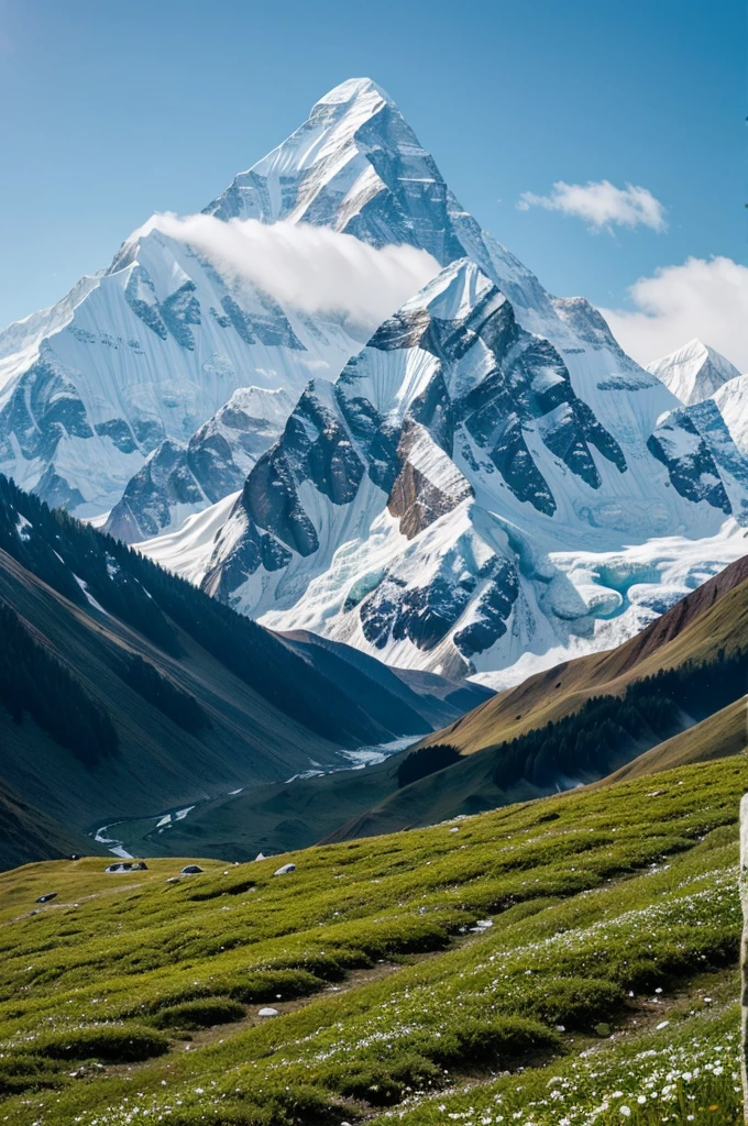 Imagine standing on a ridge in the Himalayas. The scene is a stunning blend of natural beauty. Majestic snow-capped peaks rise high into a clear, deep blue sky, their white summits glistening in the sunlight. Below these towering heights, lush green valleys spread out, dotted with vibrant wildflowers and dense forests. The air is crisp and fresh, carrying the faint scent of pine. The contrast between the verdant greenery and the pristine snow creates a breathtaking panorama, inspiring a sense of wonder and boundless imagination.