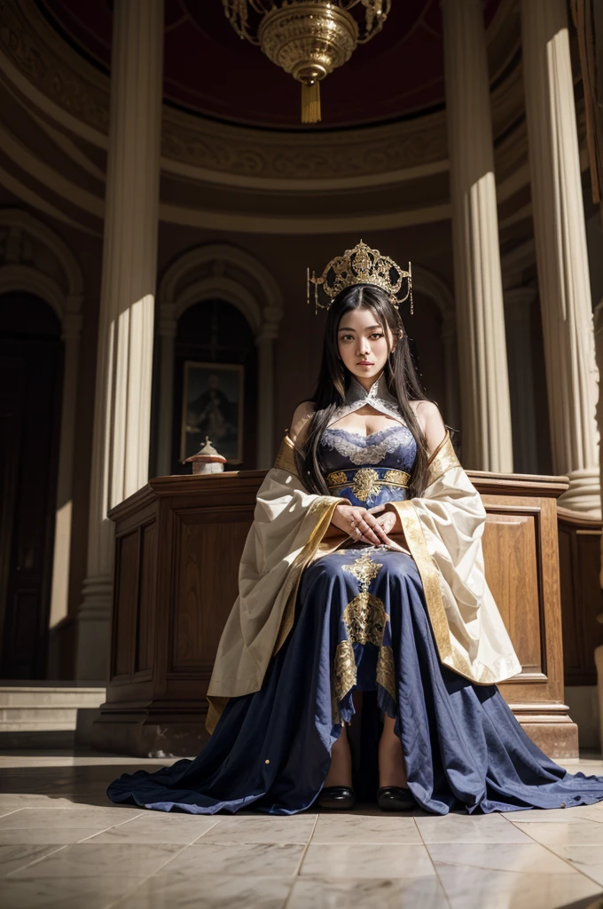 In the real scene, the ancient Chinese palace is located above the clouds, in the main hall of the royal palace, the emperor is sitting on the throne, wearing a luxurious ancient costume with a majestic face. Surrounded by concubines, craftsmen kneeling in front of them, magnificent, glazed tiles, colorful light, (((splashed ink)), ((splashed ink}), masterpiece, high quality, exquisite graphics, high detail: