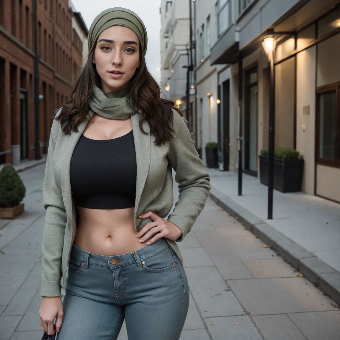 Extremely busty thin and toned brunette photographer, college girl, fair skin, loose side sweep, head scarf, hair scarf, soft face, athletic, tight olive green light jacket, skinny jeans. standing in front of her apartment building, outdoors, city, camera bag, cleavage 