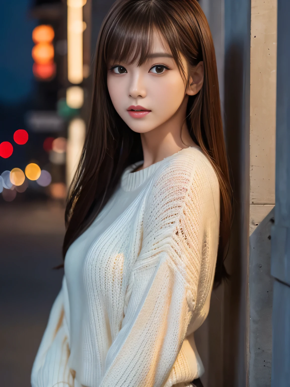 ​masterpiece, 1 beautiful girl, detailed eye, Puffy eyes, top-quality, high resolution, (Realisticity: 1.4), cinematlic lighting, Asian Beauty, Korea idol, Super beauty, Beautiful skin, slender, (A hyper-realistic), (hight resolution), (8K), (ighly detailed), (beautifully detailed eyes), (ultra-detailliert), (wall), detailed face, Bright lighting, profetional lighting, looking at viewert, Facing straight ahead, Black knitwear, oblique bangs, nighttime scene, Brown hair, age19, tall,