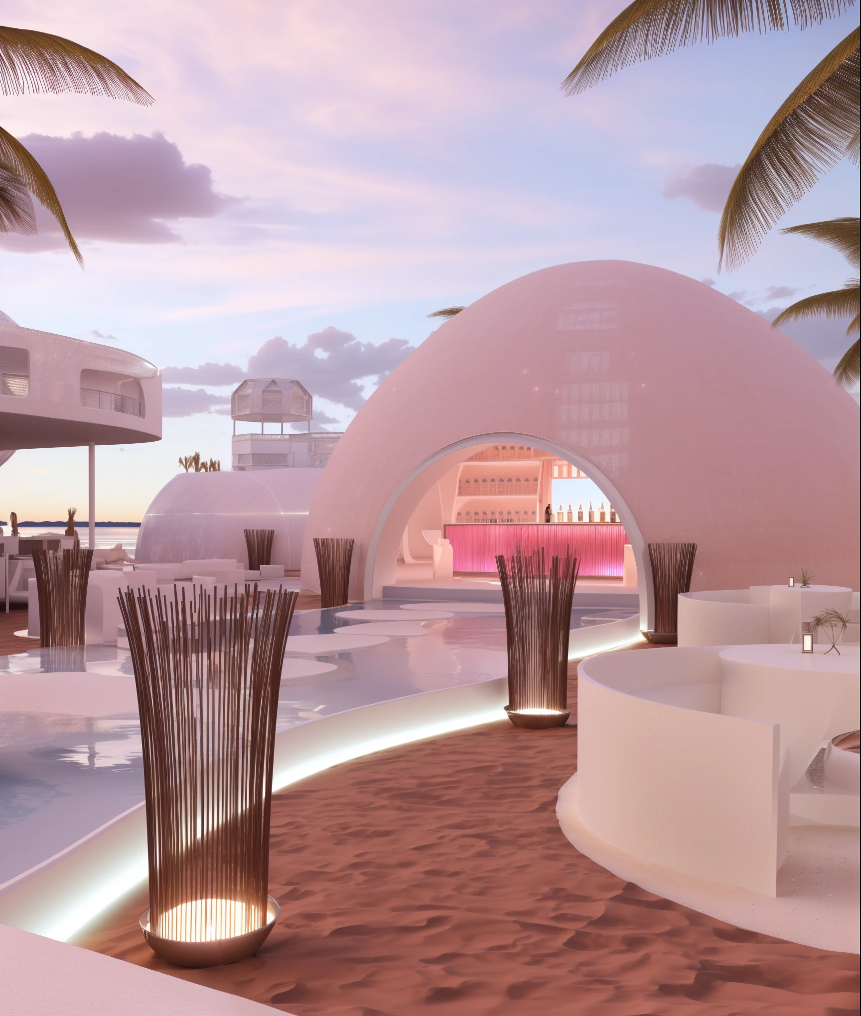 （masterpiece, best quality, high quality, Extremely detailed CG Unity 8K wallpaper, Realistic photos, Depth of Field）, There is a white building，There is a swimming pool and a bar in the middle, beach bar, Ibiza dance inspiration, futuristic marrakech, In a futuristic desert palace, seashell house, Futuristic Dome, a Digital Renderinging, In the seaside environment, futuristic marrakech morocco, Detailed scenario, V-Ray, V-Ray, Digital Renderinging, Digital Rendering, Futuristic Background