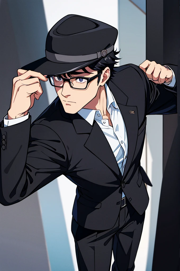 man, black shorts hair, eyes gray, glasses, black Fedora hat, black suit, black pants, pocket clock, strong