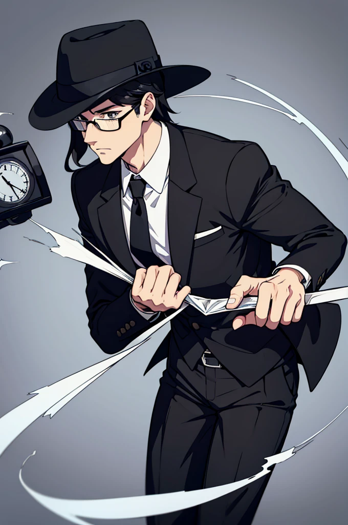man, black shorts hair, eyes gray, glasses, black Fedora hat, black suit, black pants, pocket clock, strong