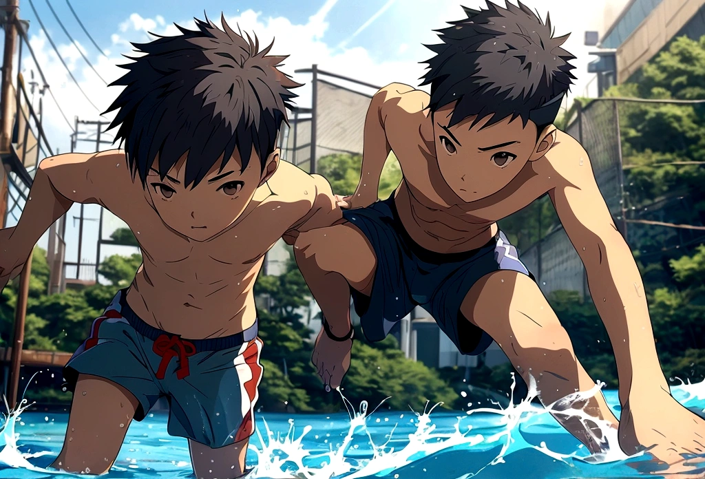 asian, boy, 15-year-old, background is river, playing river, topless, swim short pants, cute,