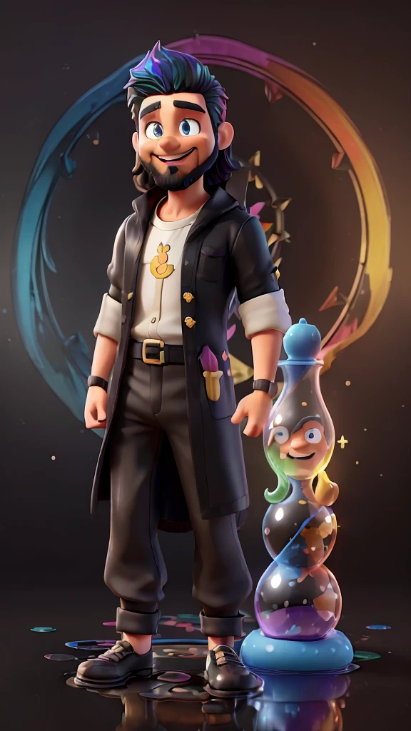 A lush 3D representation of (boy Jesus) bearded with an hourglass, large clock, (((majestic pose))), (((piercing gaze))) beaming with joy, his expressive eyes shining with joy as he laughs at open mouth. black background with a large puddle of multicolored paint, the characters have charming features that captivate the viewer with their ethereal beauty, the background has colorful splash effects, (((puddle of multicolored paint on a black background surrounding the character) )), A Digital painting brings this stunning anime-style scene to life, complete with vibrant, exaggerated details. The black background glows with a pool of paint behind the 3D characters. Created with Unreal Engine, Octane Engine and Vray, disney, cartoon network, with a style inspired by Pixar.