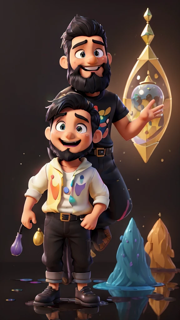 A lush 3D representation of (boy Jesus) bearded with an hourglass, large clock, (((majestic pose))), (((piercing gaze))) beaming with joy, his expressive eyes shining with joy as he laughs at open mouth. black background with a large puddle of multicolored paint, the characters have charming features that captivate the viewer with their ethereal beauty, the background has colorful splash effects, (((puddle of multicolored paint on a black background surrounding the character) )), A Digital painting brings this stunning anime-style scene to life, complete with vibrant, exaggerated details. The black background glows with a pool of paint behind the 3D characters. Created with Unreal Engine, Octane Engine and Vray, disney, cartoon network, with a style inspired by Pixar.