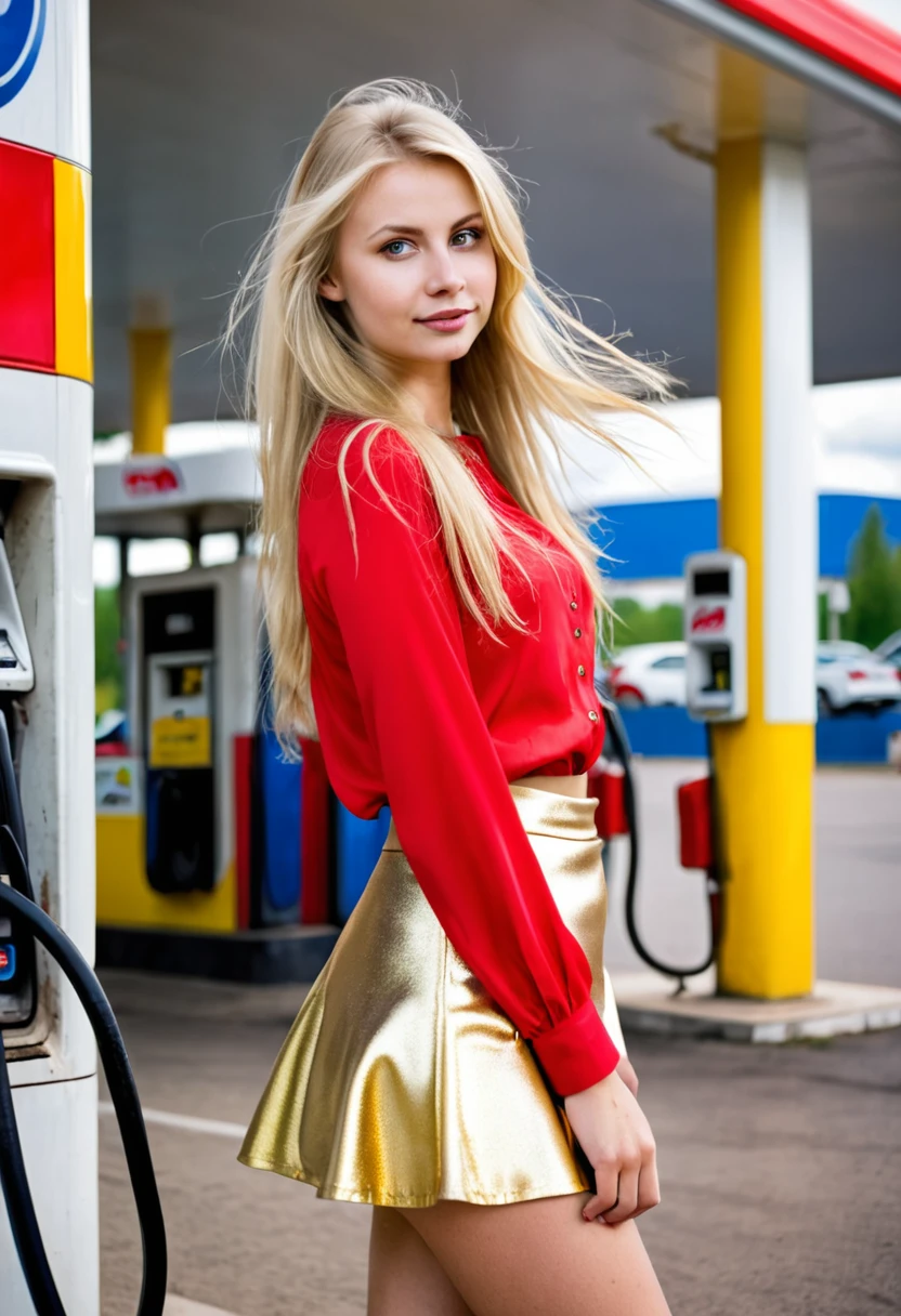 Beautiful Estonian girl, blonde, red blouse, golden mini skirt, loose hair, at a gas station,
