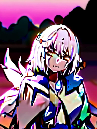 1girl, anime, white fox ears, long white hair, blue mixed with yellow eyes, 9 white tails, white hakama, blue belt, white socks, blue ties, white sandals, detailed facial features, intricate character design, vivid colors, soft lighting, fantasy, ethereal, elegant, masterpiece background shrine in the mountains with pink sky and purple clouds the girl is grabbing two bells smiling with 2 blue flames flying next to each arm (sfw)