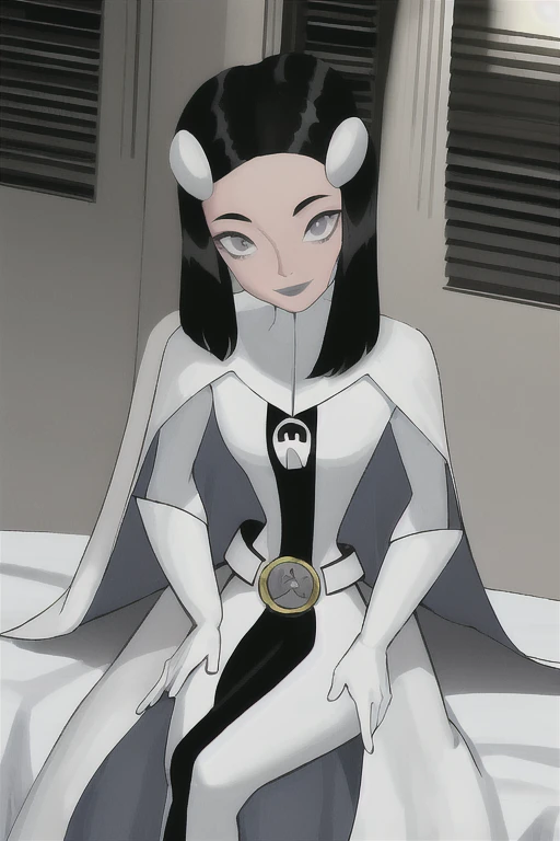 Phantom girl, Tinya Wazzo, solo, girl1, long black hair, white bodysuit, grey eyes, grey lips, belt, white cape, gloves, cloak, smile, bed, bedroom, sitting, sexy pose, best quality, masterpiece