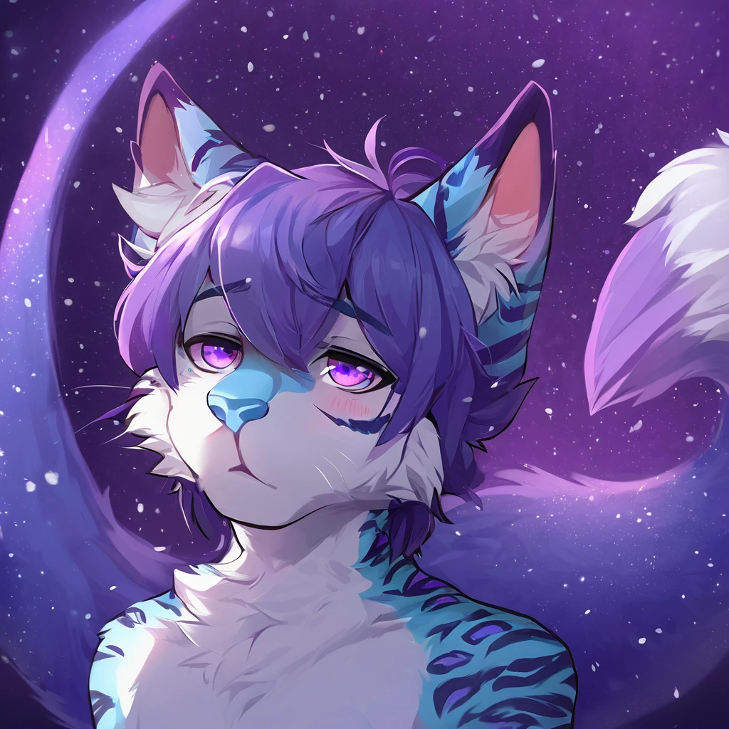 adult, feline, mammal, anthro, anthropomorphic, snow, leopard, striped_feline, fur, furred_anthro, fluffy_tail, femboy, male, bangs, ear_tufts, blue_nose, blue_fingers, hair_tuft, hair_between_eyes, long_tail, fluffy, feline_ears, expressive_eyes, purple_hair, purple_galaxy, purple_galaxy_background, light, looking_at_viewe, blue_fur, shy, small_pupils, spotted_pattern, stripes, tail, tiger_stripes, digital_art, high_resolution, high_res, head_visible, neck_visible, profile_picture, seductive_face, 