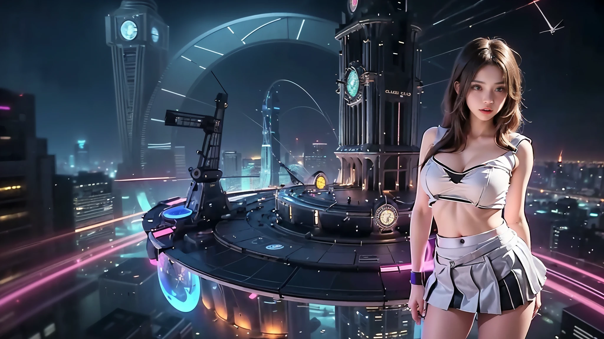 At night, (((aerial view of futuristic sci-fi cyberpunk city, skyscrapers, (((flying cars))), (vortex-spirit-spreading giant hologram (((clock tower))) as time machine), high quality))). Matrix style, (1girl, solo), photo realistic, (((large-breast:1.2 slim body, cleavage:1.3, perfect face, tube top, short pleated (((miniskirt)))))), (((((matrix style black (sunglasses), aiming at viewer with a (mini rifle):0.3))))), (((dynamic pose, half-body (thigh level) medium shot))), cinematic lighting.