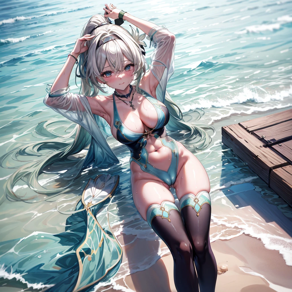 ((Highest quality)), ((masterpiece)), ((detailed)), (4K), nsfw, an anime drawn sexy girl on the beach by water with tropical drink, 1girl, breasts, 独奏, swimsuit, 比基尼, armpits, looking at viewer, mouth hold, cleavage, single thighhigh, arms up, navel, lightgreen 比基尼, large breasts, underboob, long hair, lightblown hair, ponytail, jewelry, leaning forward, necklace, hairband, thighhighs, aroused, tying hair, see through, sweat, wet, cameltoe, 比基尼 lift