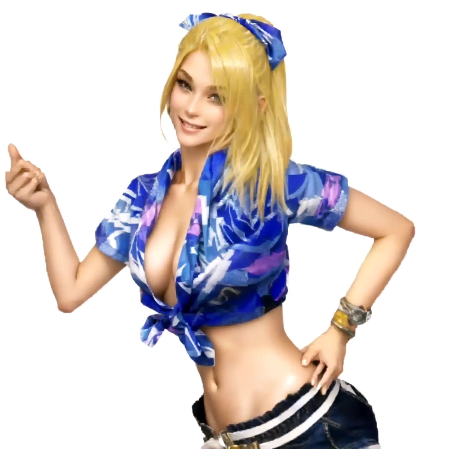 a close up of a blonde girl with a shirt on and right thump up, she's European, as a character in Out Run 2, of SEGA, 3D CG, Clarissa, 2k, 2 k, asuka as a surfer model, she is smiling. realistic, render of april, fighting game character, nina from tekken, shirt has some hawaiaan motif on it, she has a foulard tied over her head like a ribbon, she wears no bra