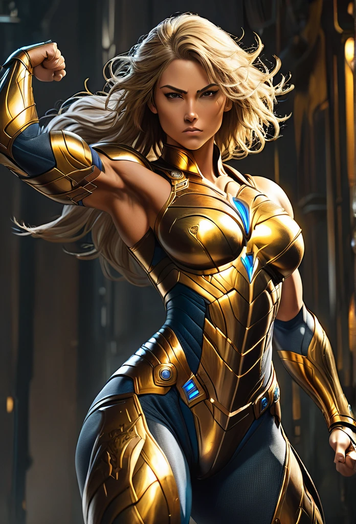 Massive muscular girl, with growth muscles veins, with armor golden and steel tones
,She is in combat pose, her veins are pulsing ,concept art,she is standing 